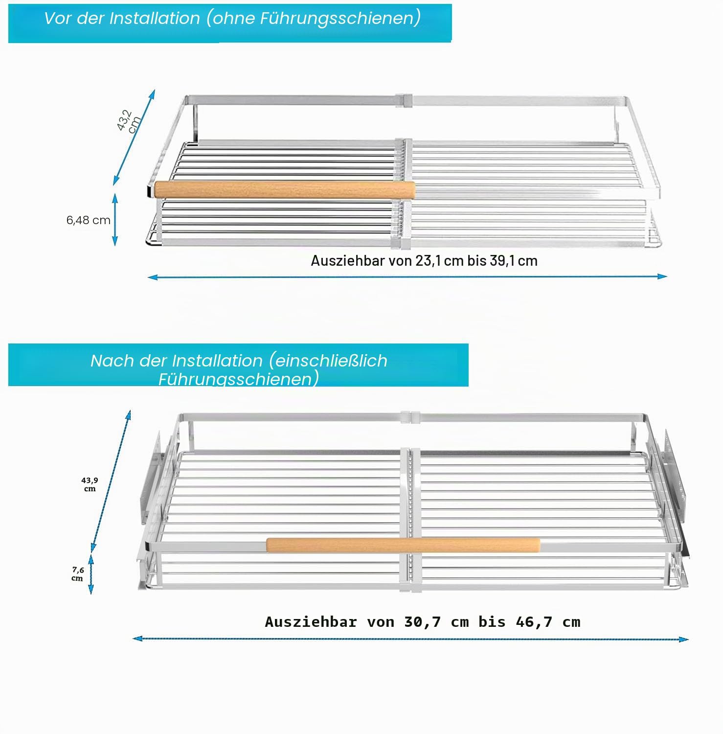 IPEGTOP 2er-Set Ausziehbarer Schubladenorganizer [30,7-46,7 cm B x 43,9 cm T] | Schwerlastregal für Küchenschränke & Spülenunterschränke | Verstellbare Breite 30,7-46,7 cm