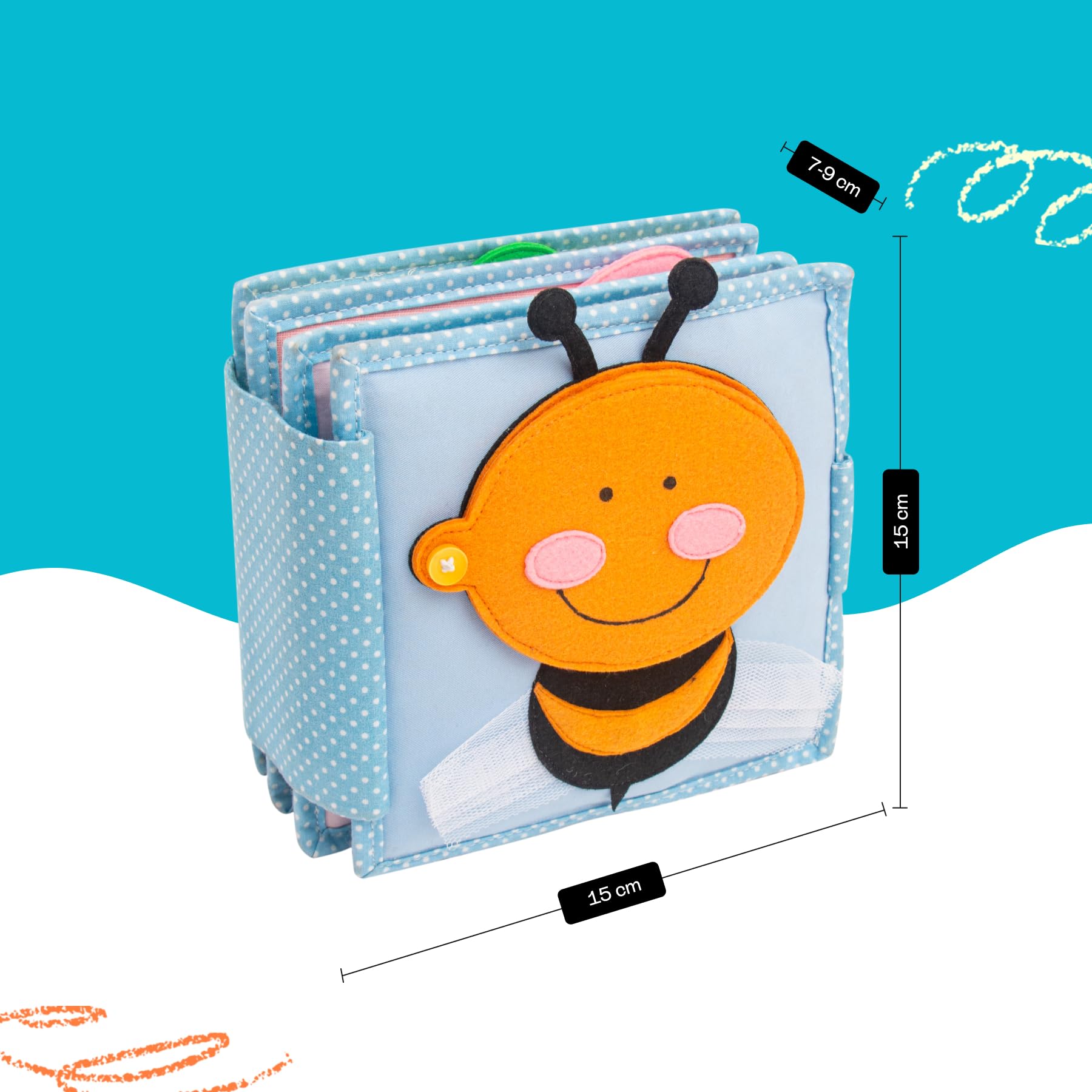Jolly Designs – Piccola ape – Mini Quiet Book – Montessori Giocattoli a partire dai 6 mesi – Promuovere le capacità motorie e sensoriali – Libro in feltro fatto a mano – Giocattolo educativo per
