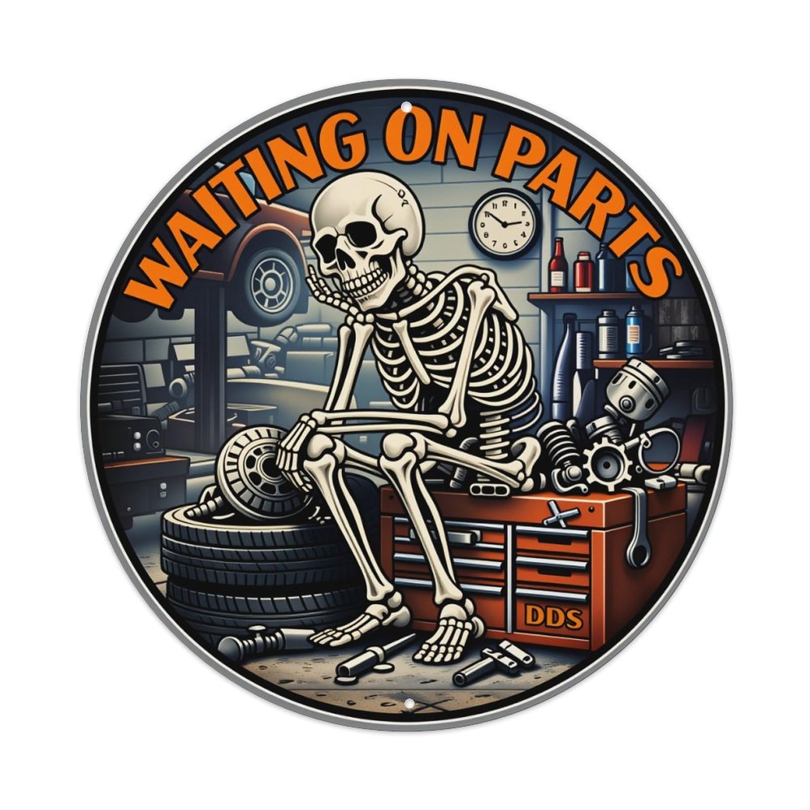 Skeleton Mechanic Garage Scene Waiting Parts Tin Sign Vintage Style Home Bar Garden Wall Plaque Decor Metal Poster 8x12 Inch