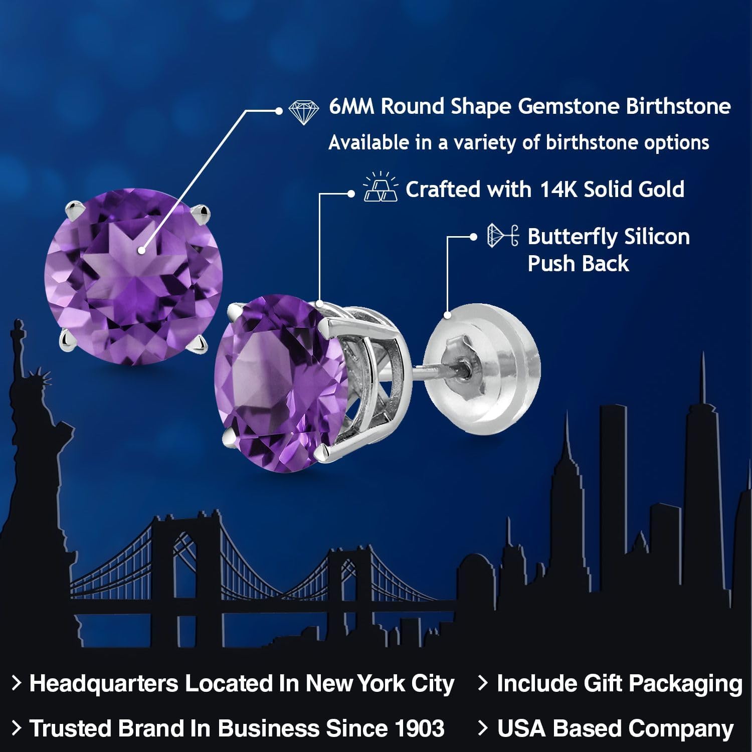 Gem Stone King 14K White Gold Purple Amethyst Stud Earrings For Women Men | 1.40 Cttw | Gemstone Birthstone | Round 6MM | Fine Jewelry Gifts for Her Mom Women Wife