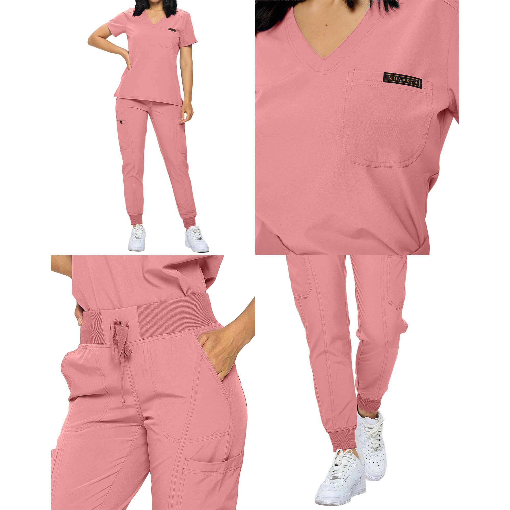 Monarch Uniforms Slim Fit Stretchy Scrubs Women's Jogger Scrub Set Slim Jogger Scrubs with Tuck-In Top for Women: Mauve Medium Regular