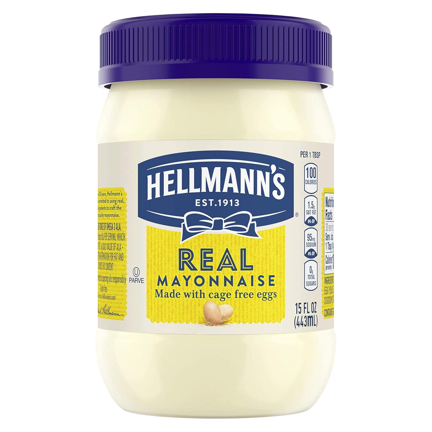 Hellmann's Real Mayonnaise 15 oz - Gluten Free Mayo with Cage-Free Eggs, Omega-3 ALA, Creamy Sandwich Spread & Condiment