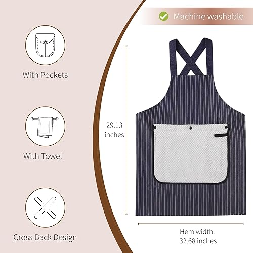 Miniatura 2 de Delantal con bolsillos para mujeres y hombres, diseño de espalda cruzada con toalla, lavable a máquina, delantal de cocina para cocinar, asar a la