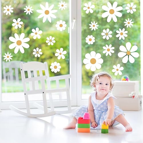 Miniatura 7 de TaoBary 12 hojas de calcomanías de pared de margaritas, bonitas calcomanías de margaritas rosas y blancas, papel tapiz floral para guardería,