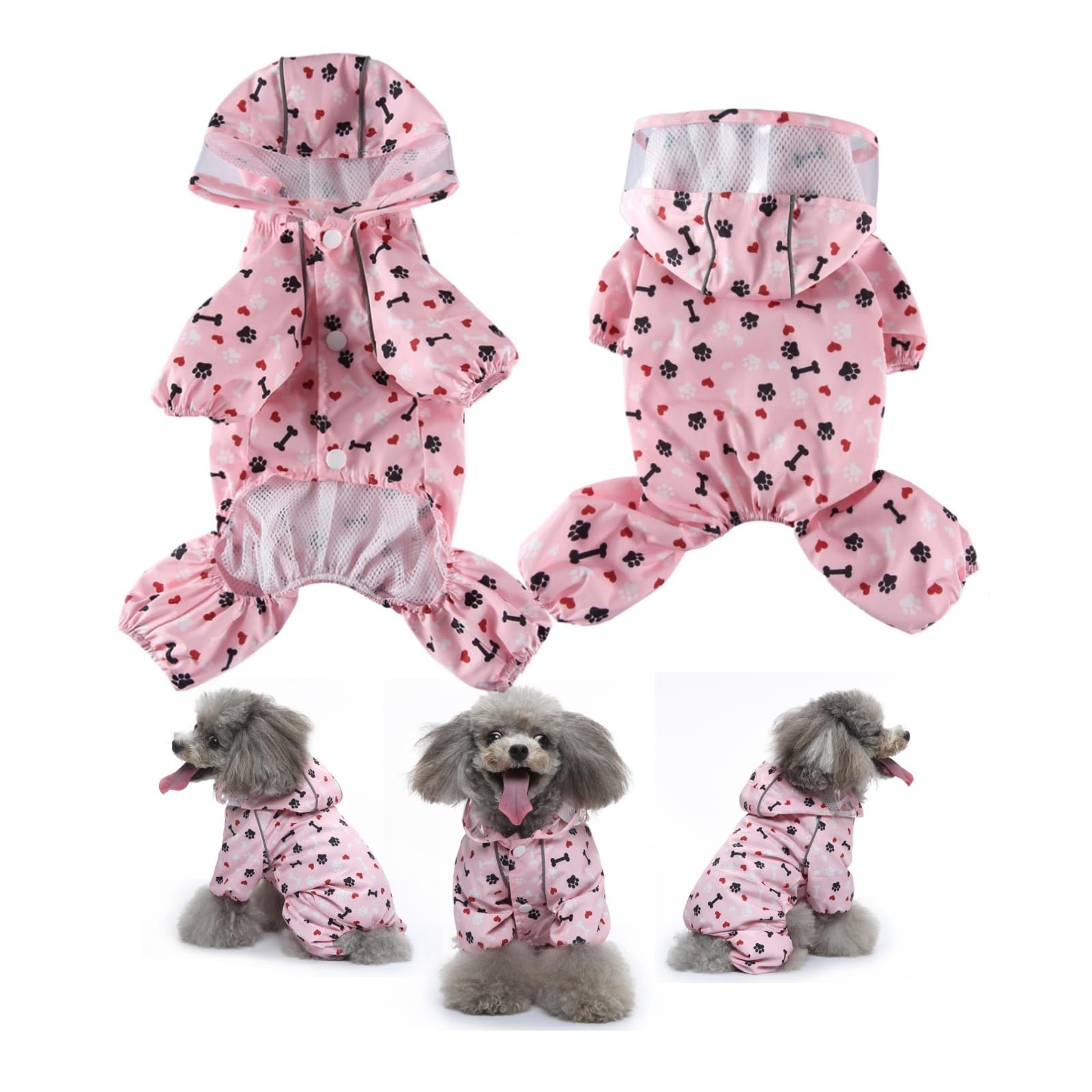 Dog Raincoat with Hood, Waterproof & Windproof Rain Jacket for Small Dogs Boy Girl, Packable, Adjustable, Funny Animal Pattern Raincoats with Legs 1.5kg to 8kg Available (Light pink,M)