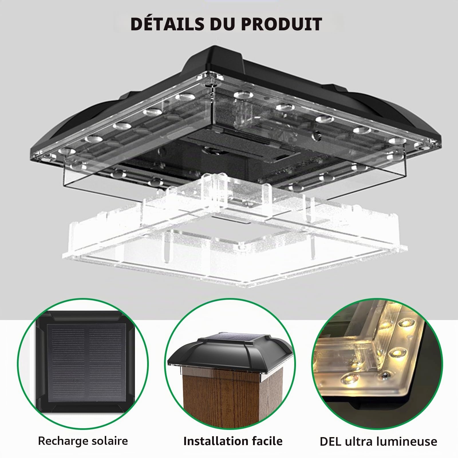 Lot De 4 Lampes Solaires Capuchons, Chapeau De Poteau Solaire, Lampes Solaires Pour Poteaux, Blanc Chaud, Étanches Ip65, Pour Poteaux En Bois De 3,5x3,5 4x4 Pouces Pour Terrasse, Plateforme, Noir