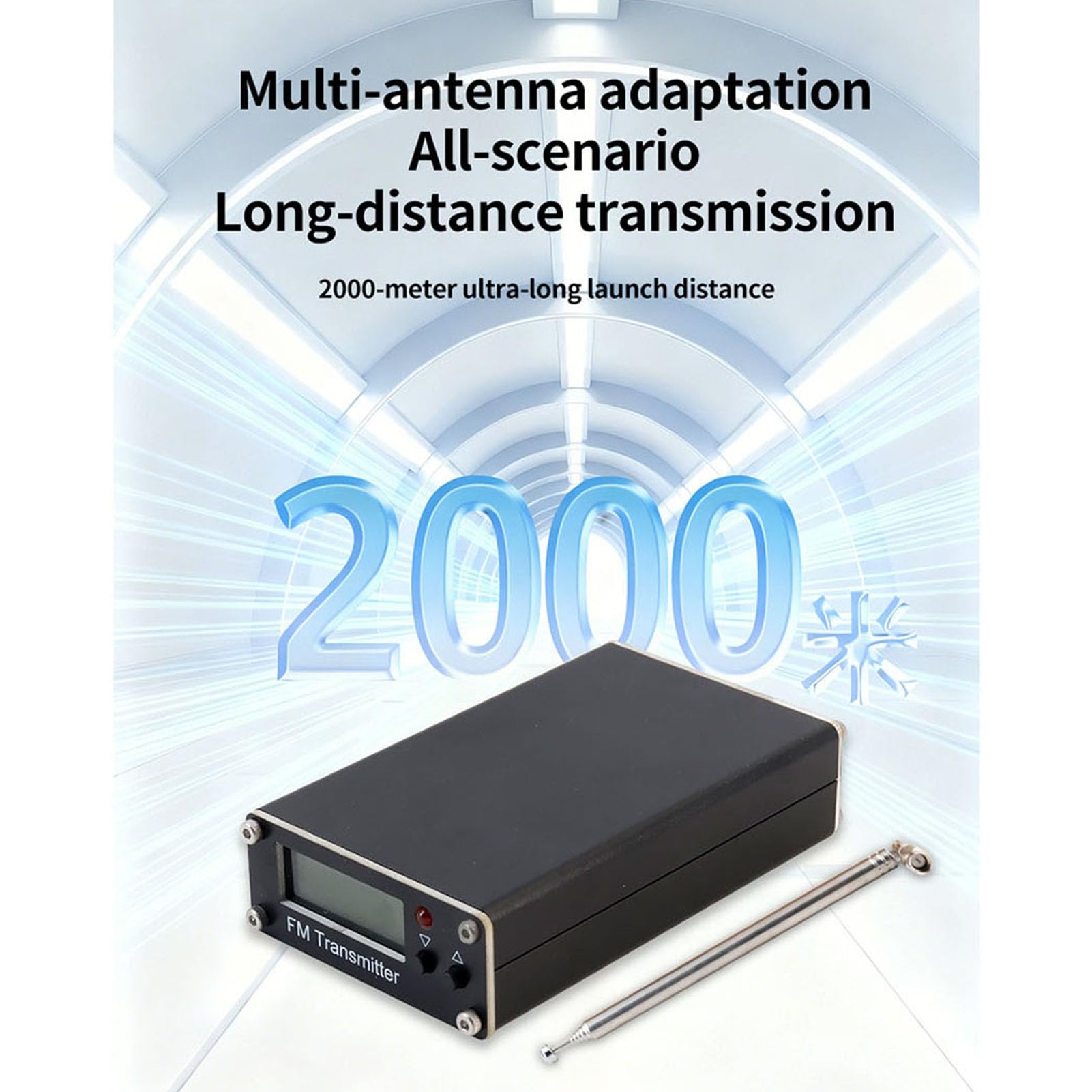 Digitales FM-Sendermodul, 0,5-W-Digitalanzeige, Stereo-FM-Radiosender, 76–108 MHz Einstellbare Frequenz, 2000 M Reichweite, Kompakter Tragbarer Sender für Telefon, PC, MP3 (Black)