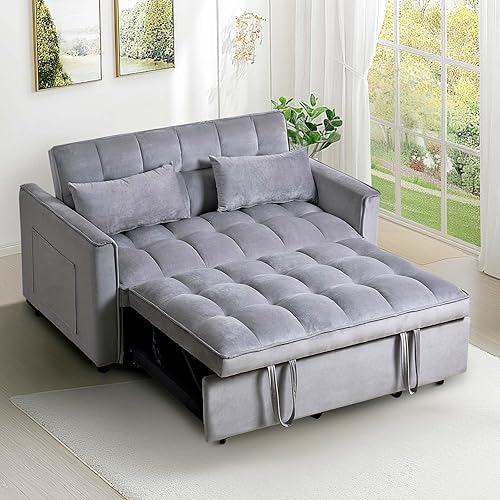 3 in 1 Convertible Sofa Bed, Velvet Loveseat Sleeper Sofa with Adjustable Backrest, Pullout Couch Bed with Storage Pockets and Toss Pillows for Living Room, Bedroom, Gray