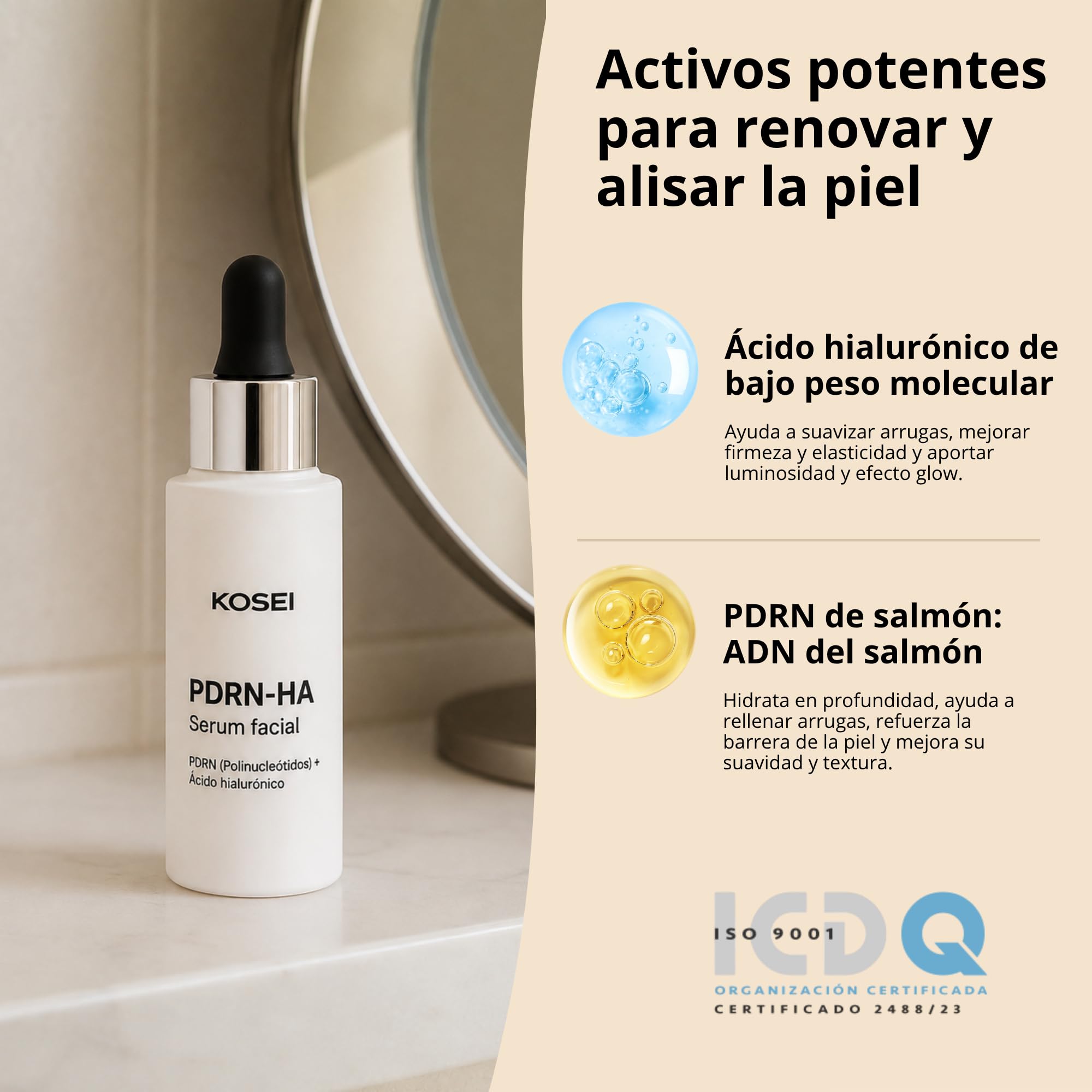KOSEI | PDRN-HA Serum Facial Antiarrugas | Con PDRN de Salmón y Ácido Hialurónico | Regenera, Reafirma e Hidrata | Efecto Glow | 30 ml