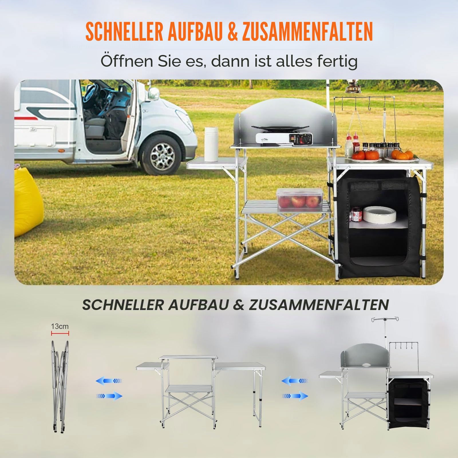 VEVOR Campingküche Outdoor Faltbar 78 x 49 x 13 cm, Alu Campingschrank, Camping Küche mit Windschutz, Campingmöbel Reiseküche inkl. Haken & Lampenmast 66-121 cm, Küchenschrank Campingtisch Reisen