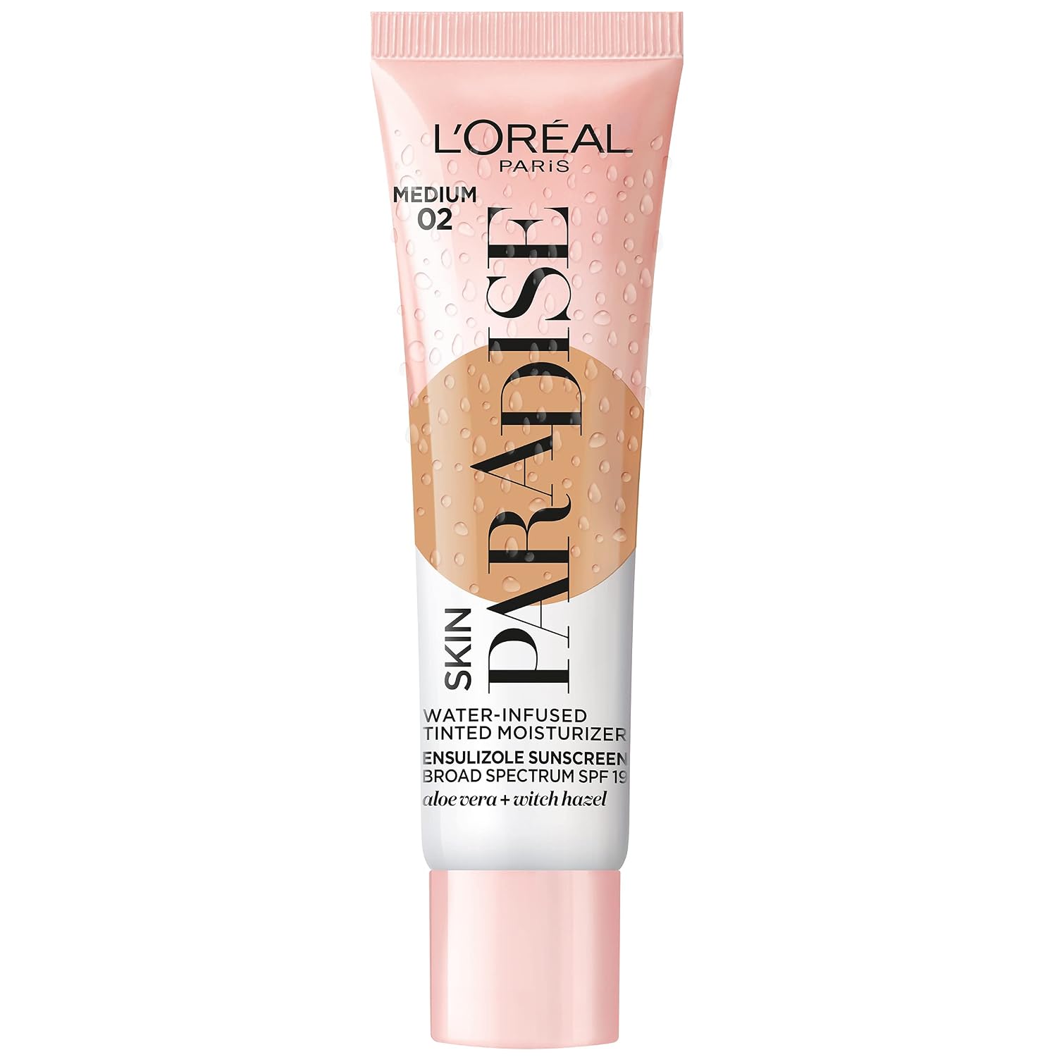 L'Oréal Paris Skin Paradise Water-infused Tinted Moisturizer with Broad Spectrum SPF 19 sunscreen lightweight, natural coverage up to 24h hydration for a fresh, glowing complexion, Medium 02, 1 fl oz