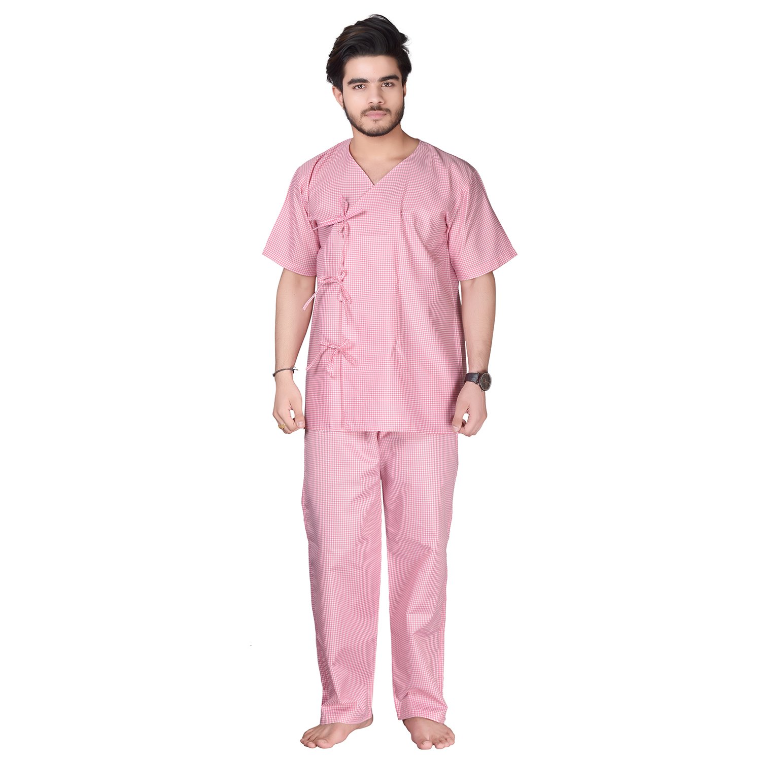 Unisex Cotton Top & Pajama Set, Pink Gingham Check Pattern, Short Sleeve V-Neck Top with Tie Closure-image-14