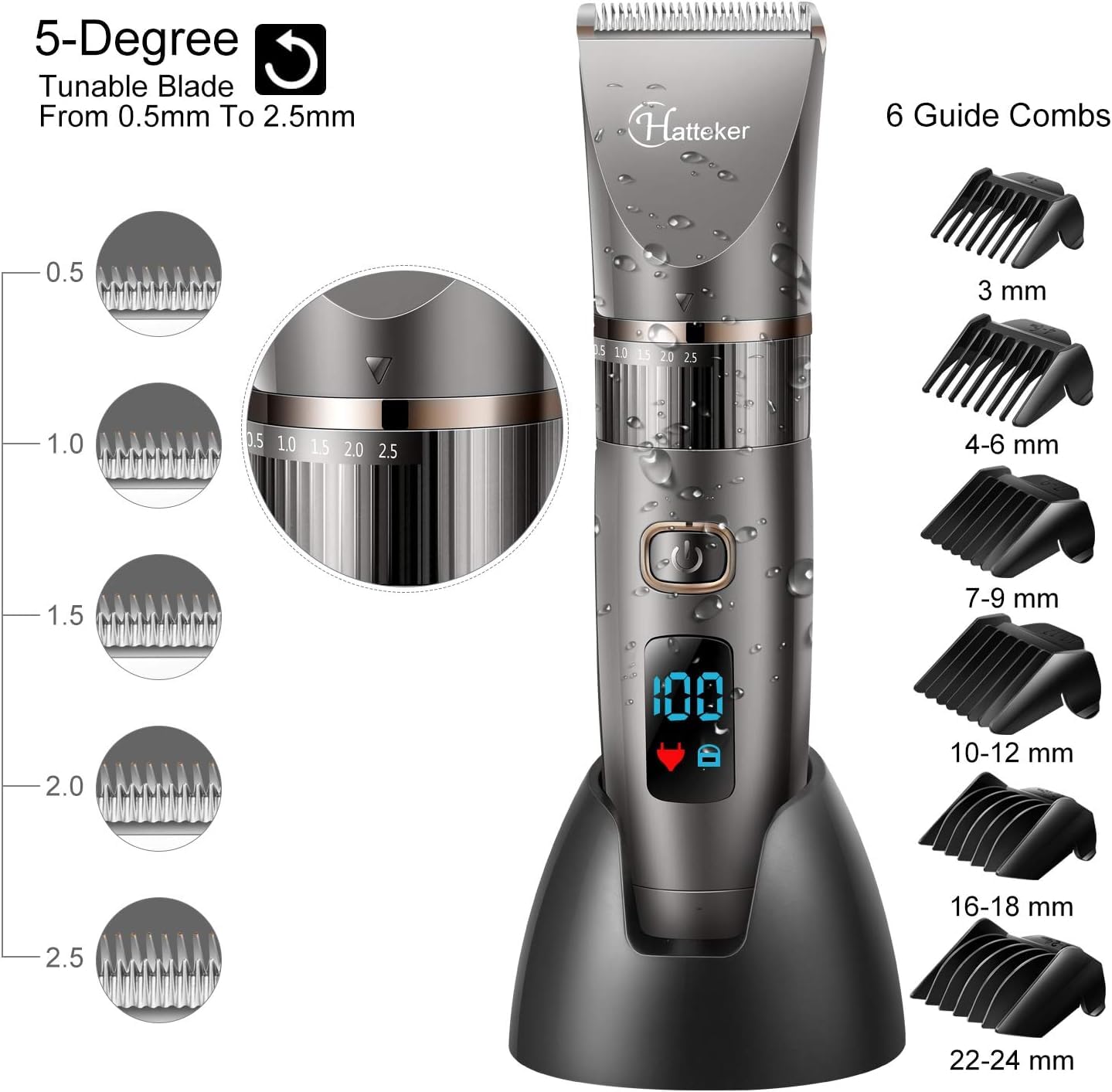 Hatteker Tondeuse Cheveux Professionnelle Sans Fil Barbe Hommes Rasoir Corps Tondeuse de Précision Imperméable 3 en 1