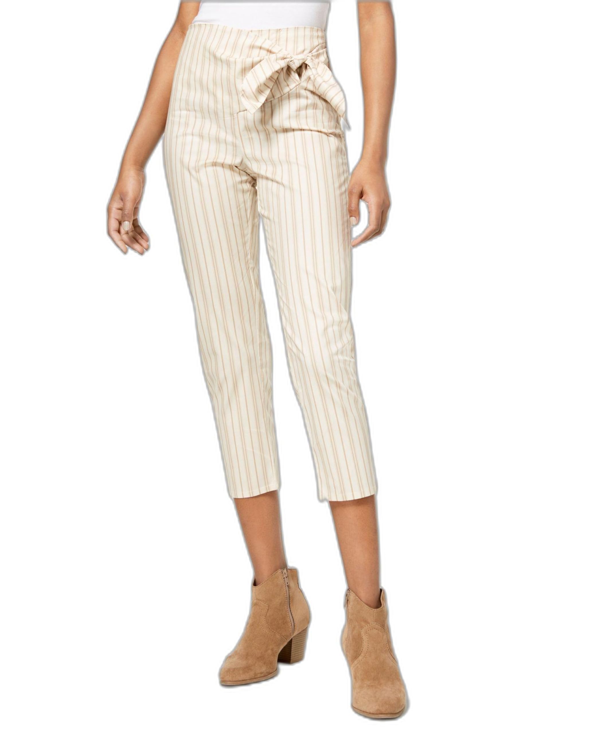 Be Bop Juniors Striped Tie Waist Cropped Pants Khaki Stripe L