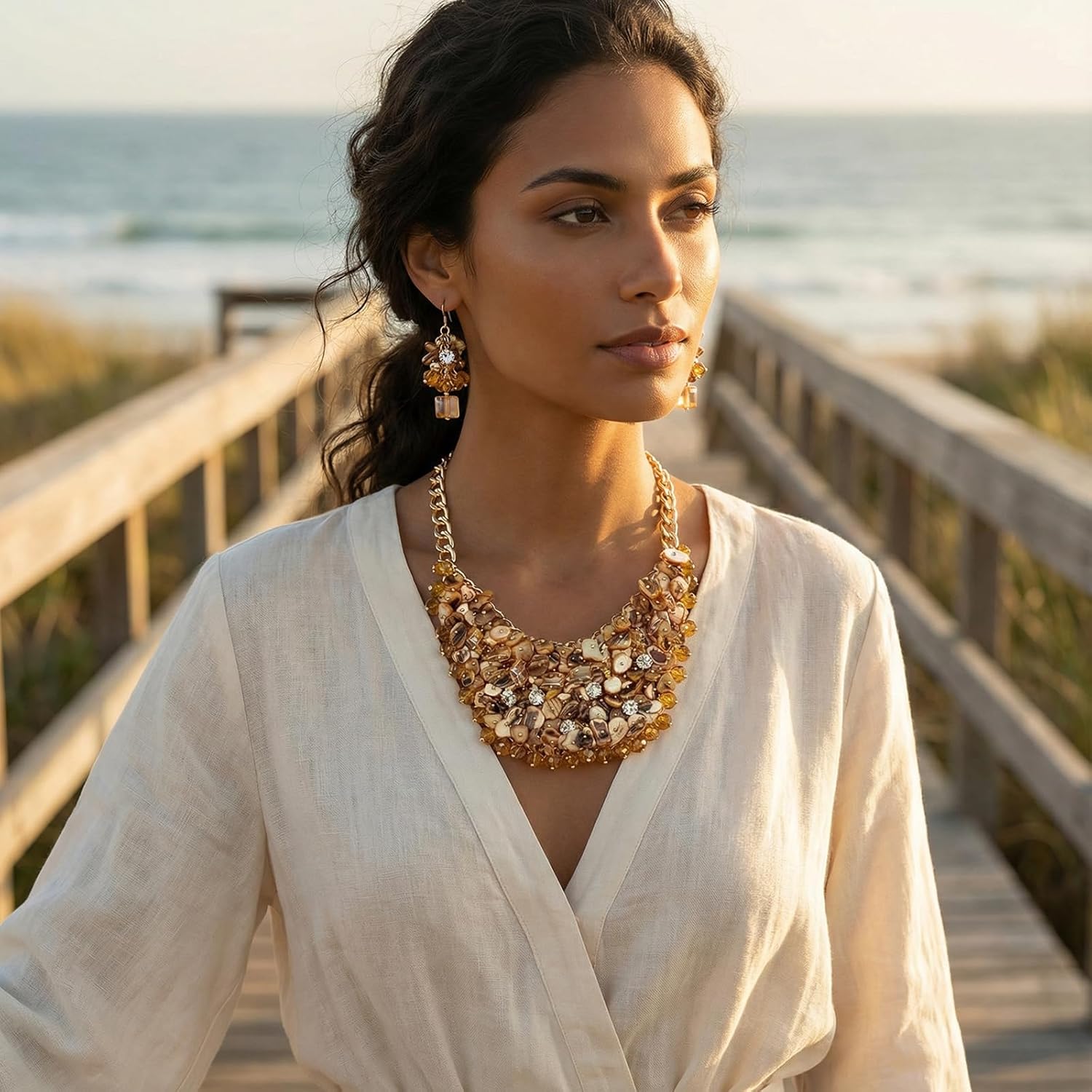 Bocar Bohemian Gravel Beads Bib Necklace and Earrings Set for Women, Handmade Chunky Statement Jewelry for Beach Vacation, Party, Wedding
