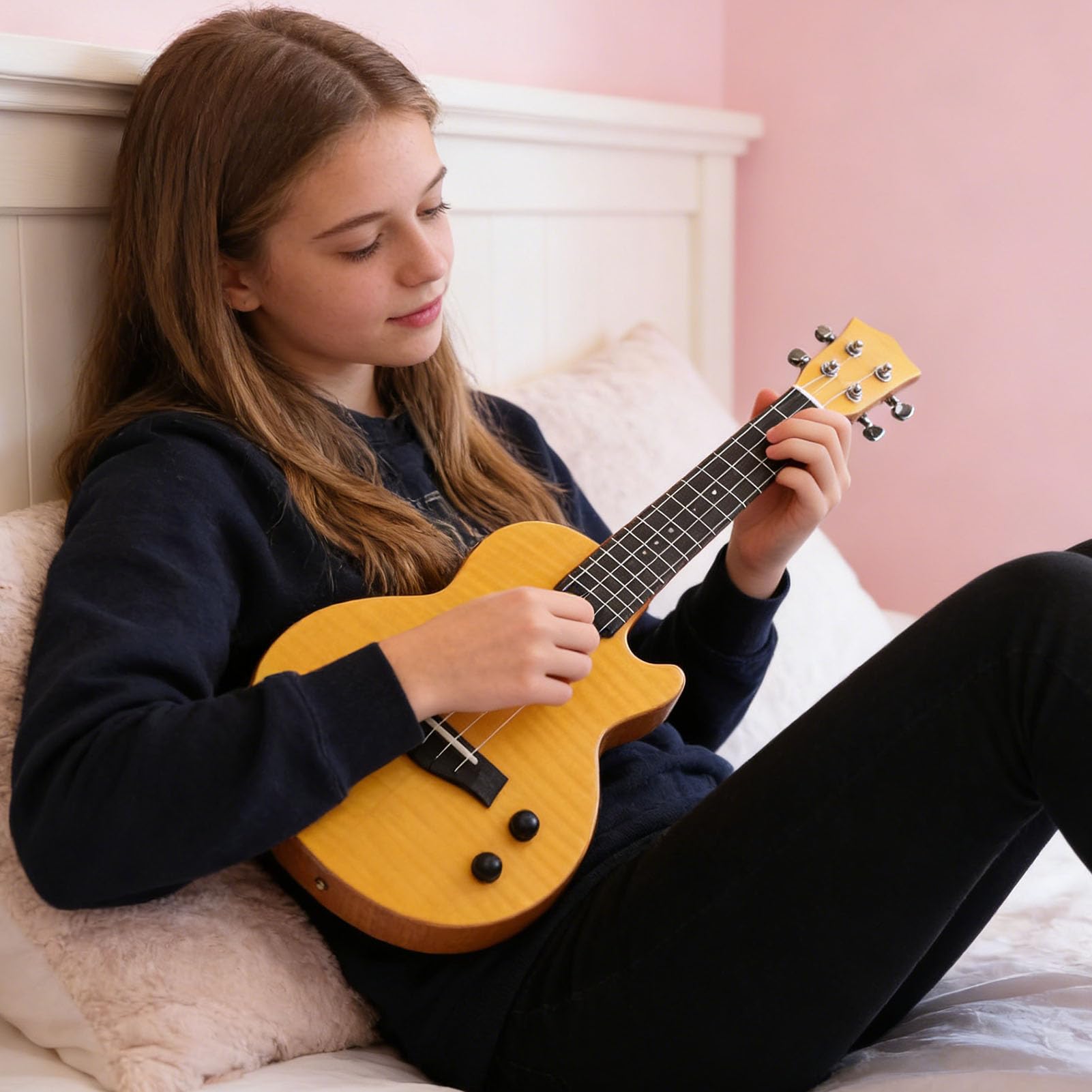 Keenso Ukulele Elettrico, Ukulele Bluetooth da 23 Pollici con Struttura in Legno di Okoume Ebano e Fibra di Carbonio, Batteria Incorporata da 600 MAh, Strumento Portatile in Legno per Adulti