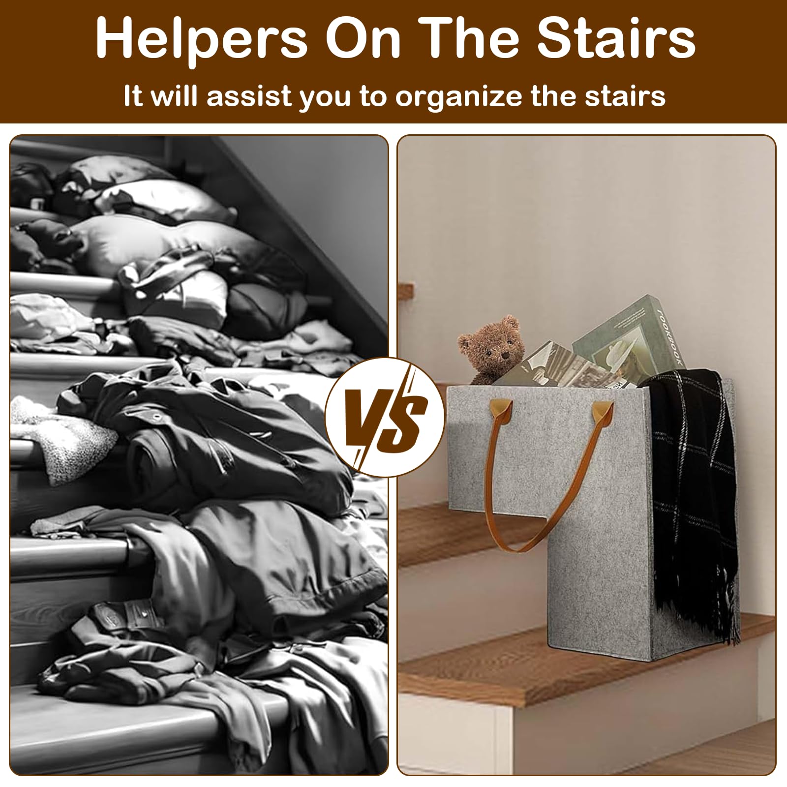 Cestas de Escalera de L Cesta Organizadora de Escaleras de Fieltro 41 x 26 x 41 cm Cesta para Escaleras con Asas para Almacenamiento, organizadores, decoración del hogar (gris)