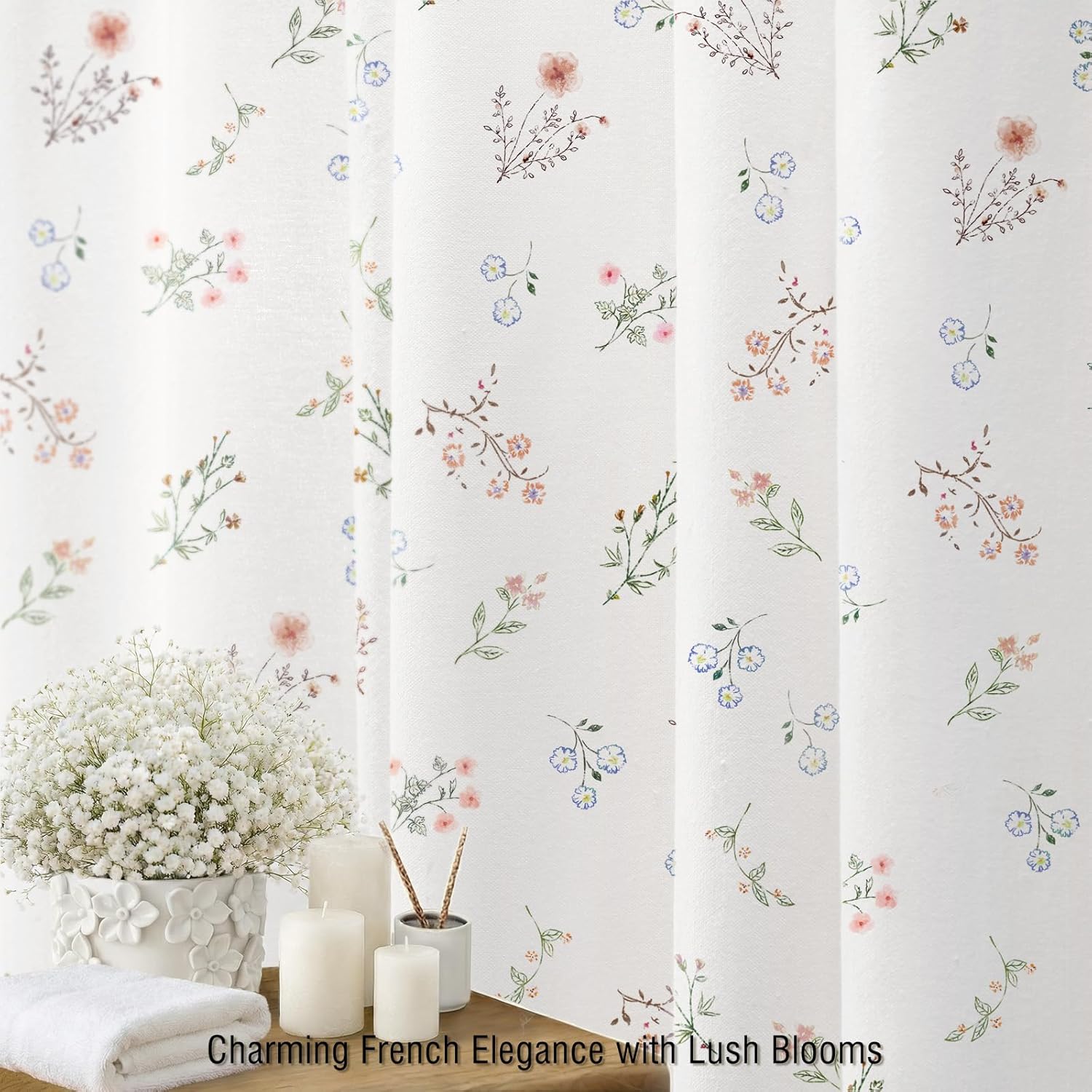 Floral Farmhouse Vintage Cotton Shower Curtain, French Country Shower Curtains for Bathroom, 72Wx72H