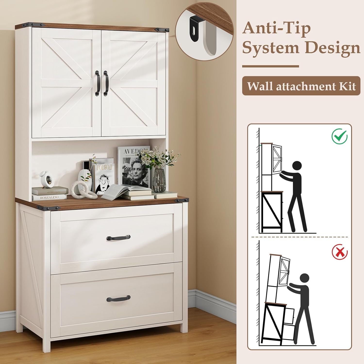 File Cabinet with 2 Drawer for Legal/Letter/A4 Size Hanging Files, Farmhouse Filing Cabinet with Adjustable Shelf, Large Wood File Cabinets for Home Office Printer Stand with Bookshelf, White