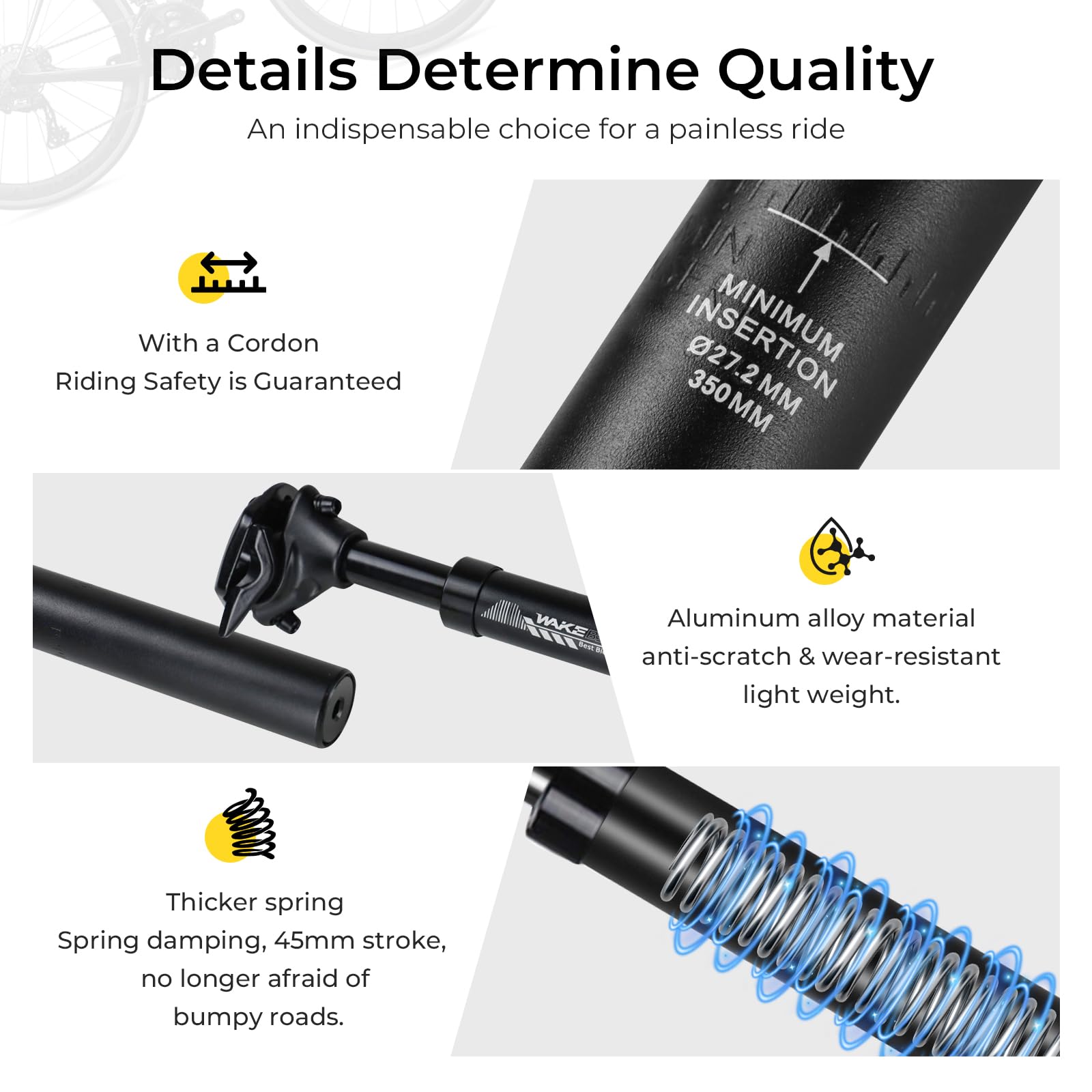 Tige de Selle Suspendue Diamètre 27,2mm, Tige de Selle Telescopique avec 4 Manchons [Ø28.6/30.4/30,9/31,6mm], Tige de Selle Amortisseur pour VTT Vélos de Ville Vélo de Route