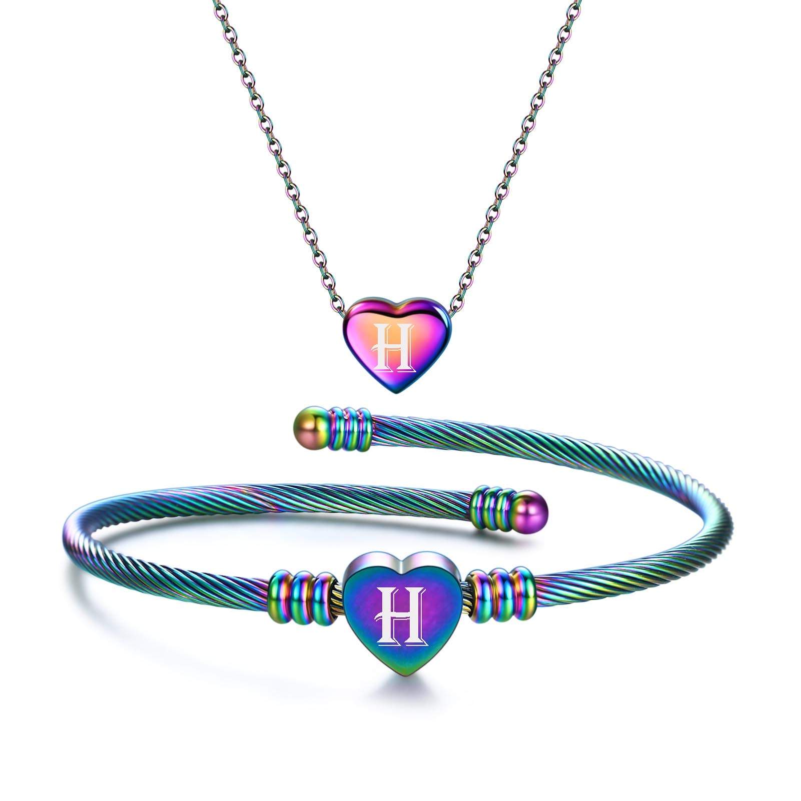 MYNENEY NIBASTAR Heart Name Necklace and Bracelet for Women Stainless Steel A-Z letters Initial Statement Jewelry Set for Mother's Day