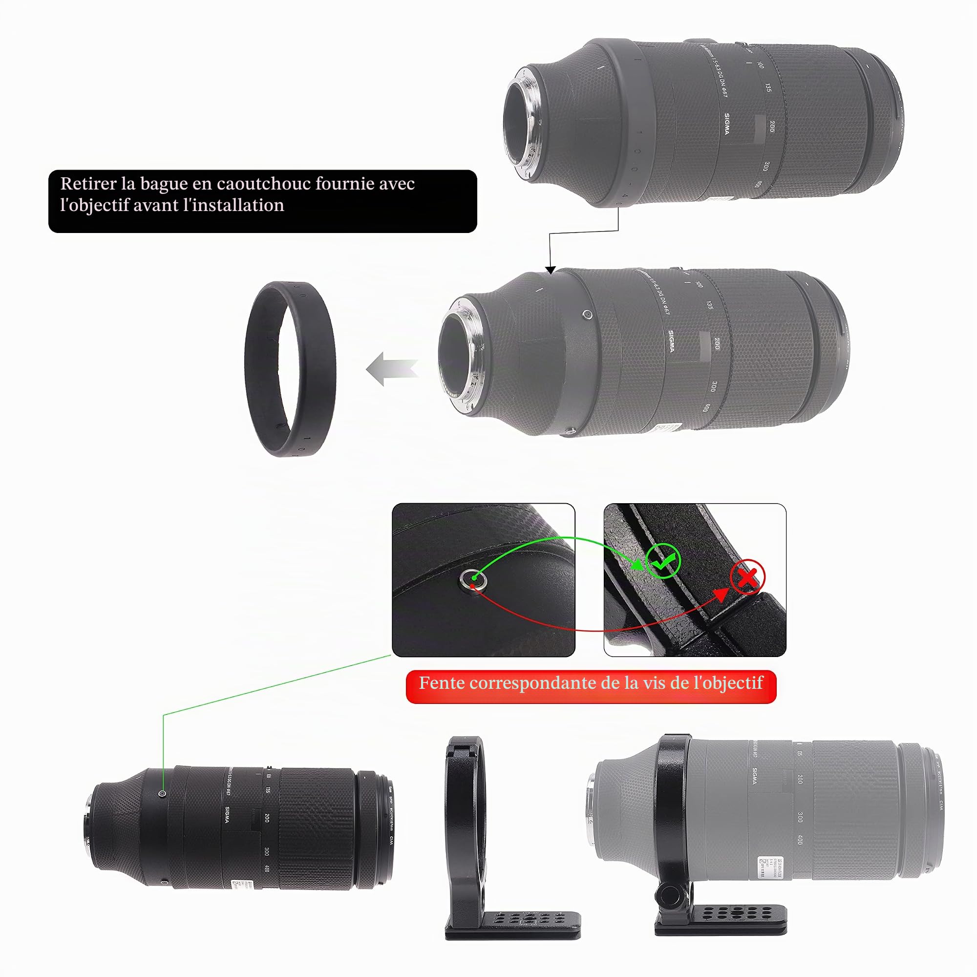 Hersmay Collier de serrage en métal pour objectif Sigma 100-400 F5-6.3 DG DN OS pour Sony E Mount Art 105 mm F1.4 DG HSM Plaque de dégagement rapide Arca intégrée