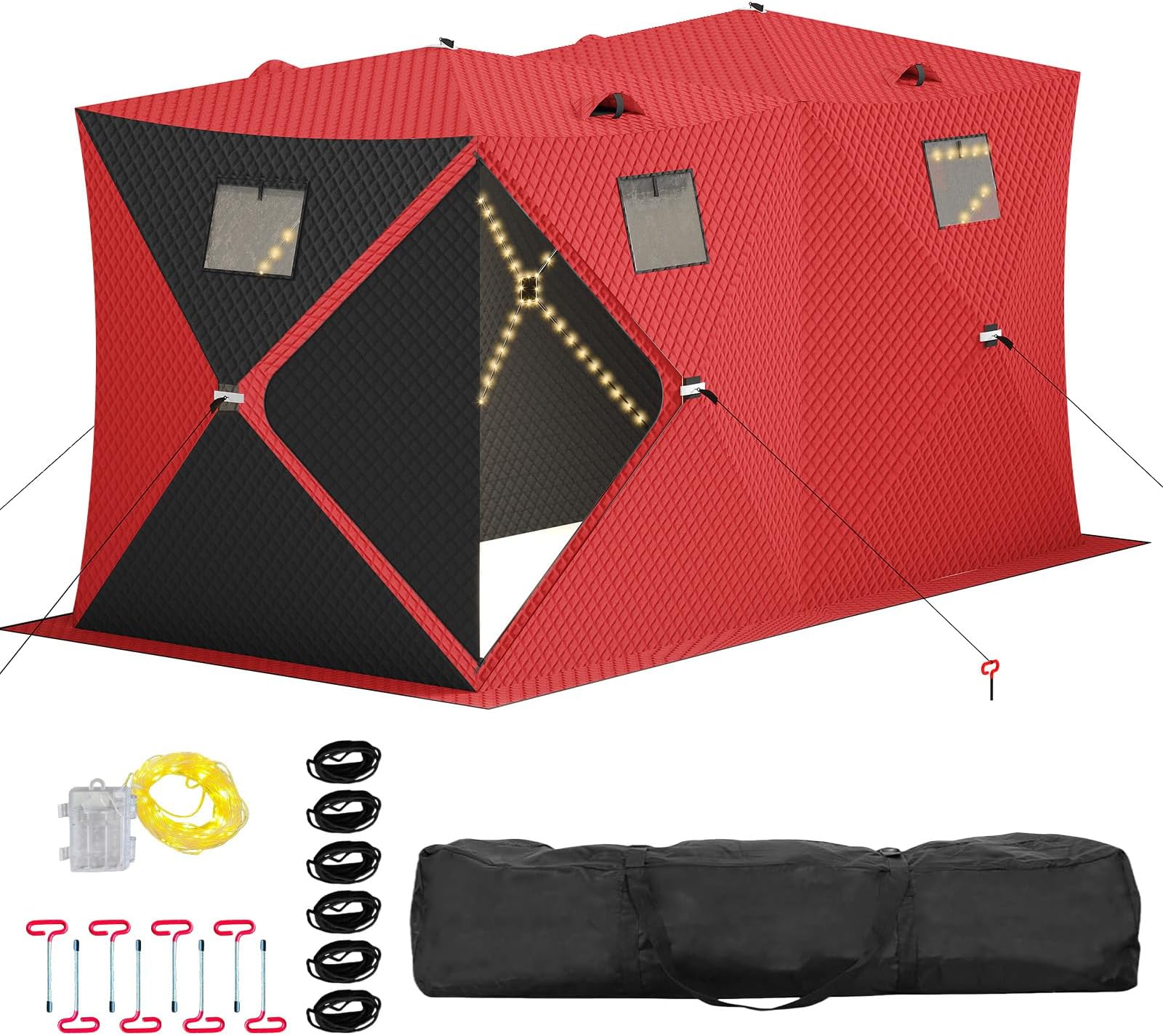 GarveeLife Pop Up Ice Fishing Shelter Tent with 2x49ft LED Light Strip, Windproof Portable Hub Design, Fits 5-7 People, 69 sq ft Fishable Area, Red+Black