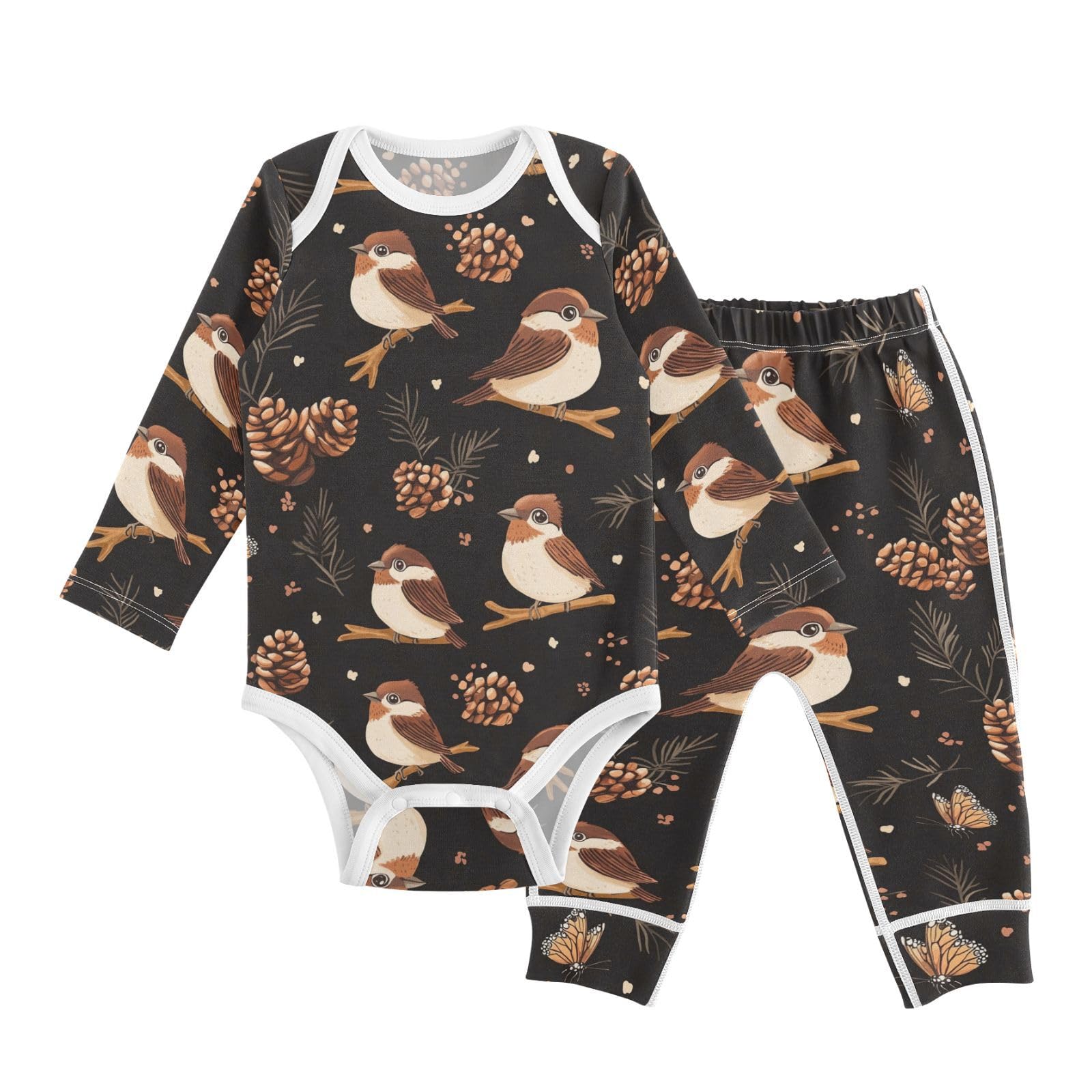 vvfelixl Baby Bodysuits Pants Sets Sparrows Birds Pine Cones Long Sleeve Baby Onesie Clothes for Boys Girls 3-6M