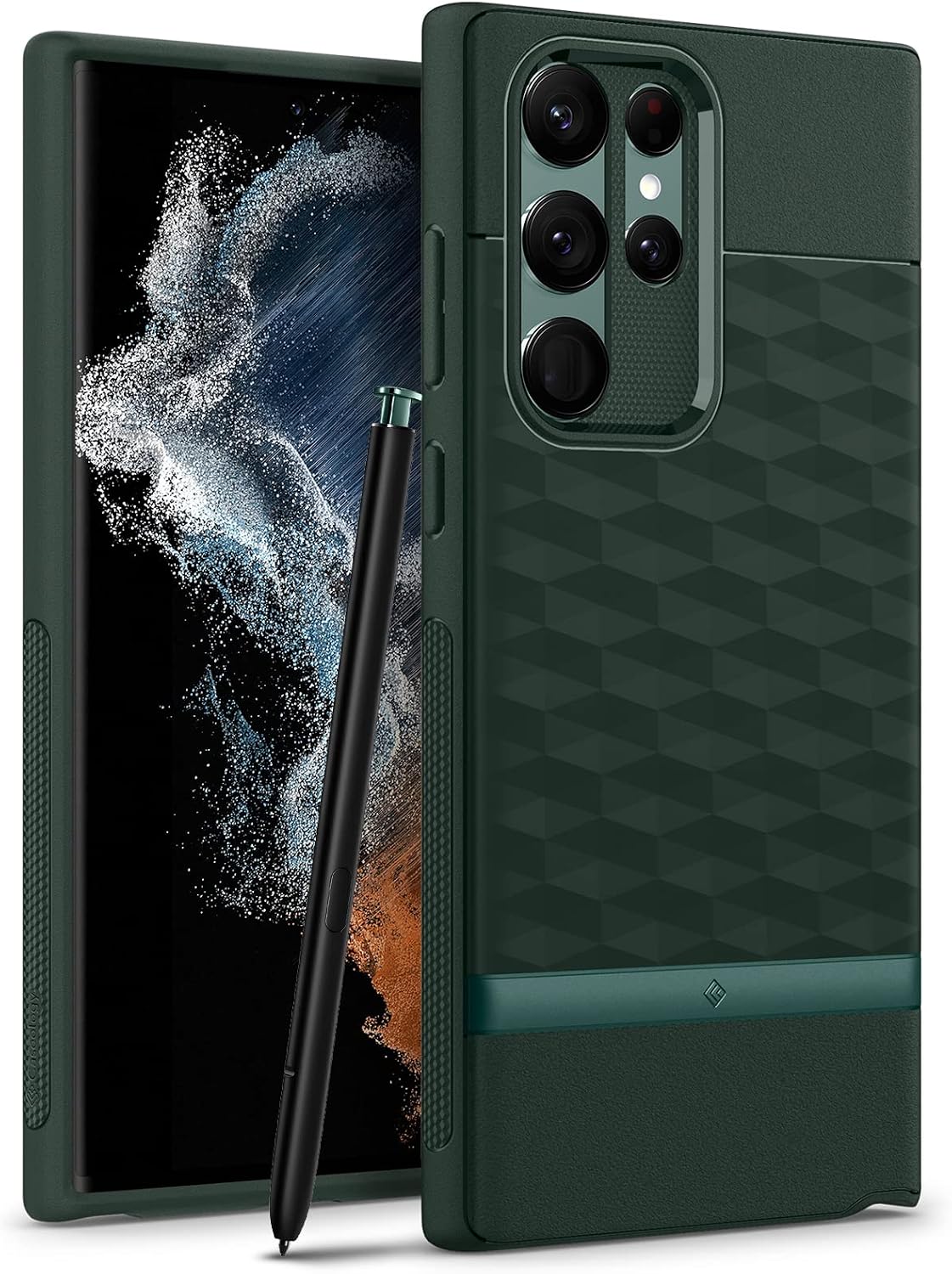 Caseology Cellular Phone Case, Samsung Galaxy S22 Ultra, Thermoplastic Polyurethane, Shock-Absorbent, Wireless Charging Compatible, Textured, Flexible, Camera Protection - Midnight Green
