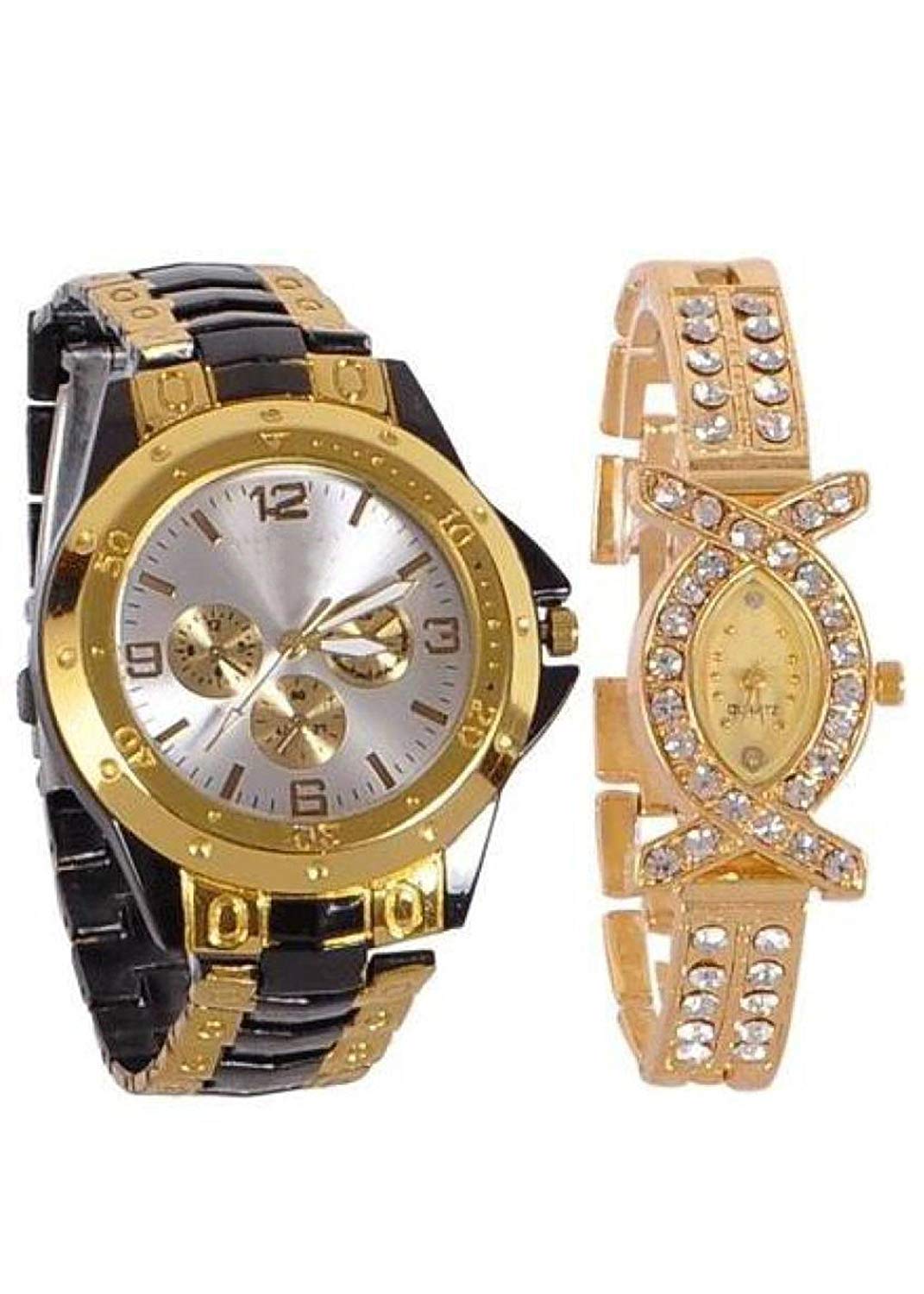 BIDAnalogue Men & Women's Watch (Silver & Golden Dial Black & Gold Colored Strap) (Pack of 2)