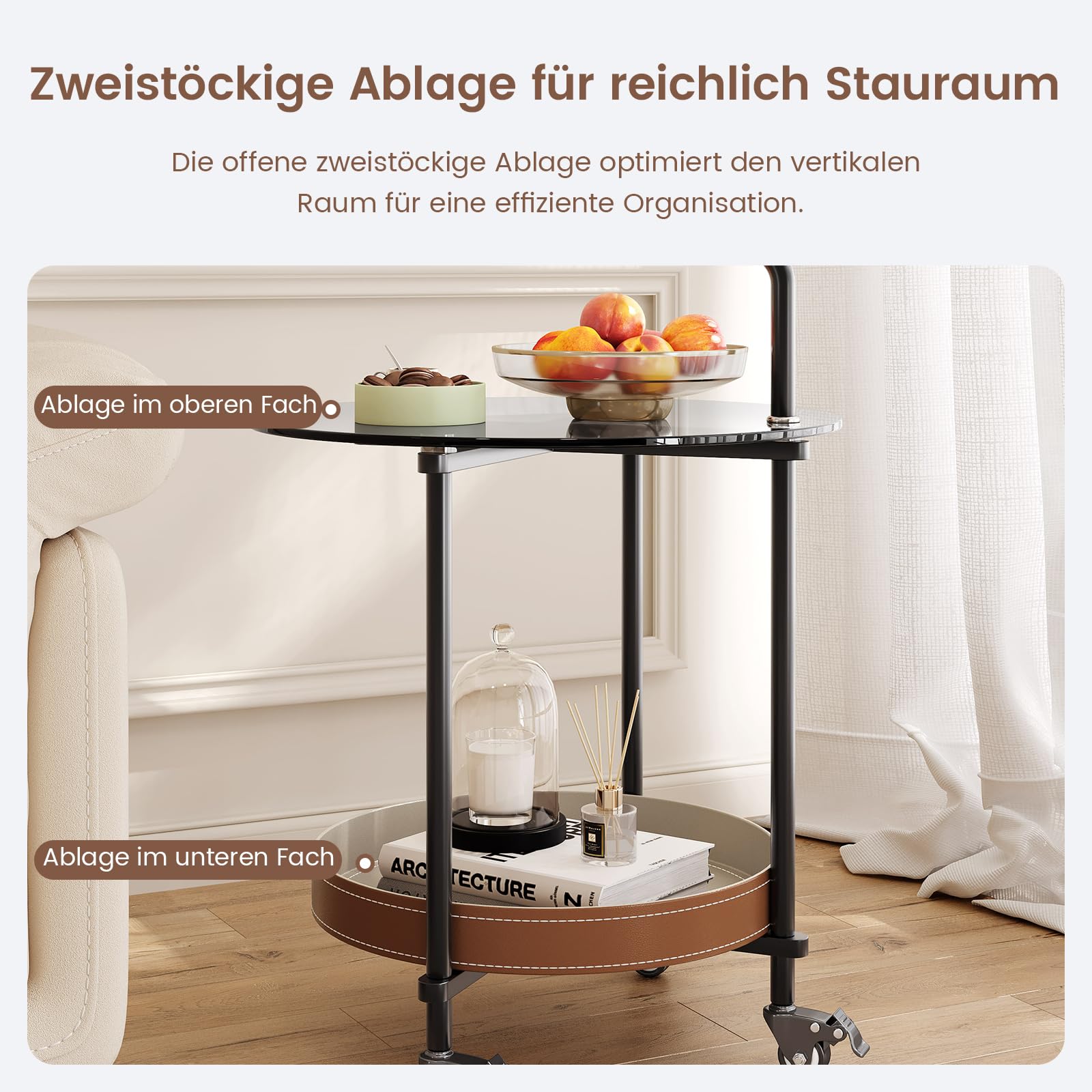 Guyii Beistelltisch mit Rollen, Runder Beistelltisch fürs Wohnzimmer, Mobiler Betttisch auf Rollen, Rolltisch Sofa Tisch, Couchtisch mit Ablage, Teewagen Beistelltische Modern (Stil B)