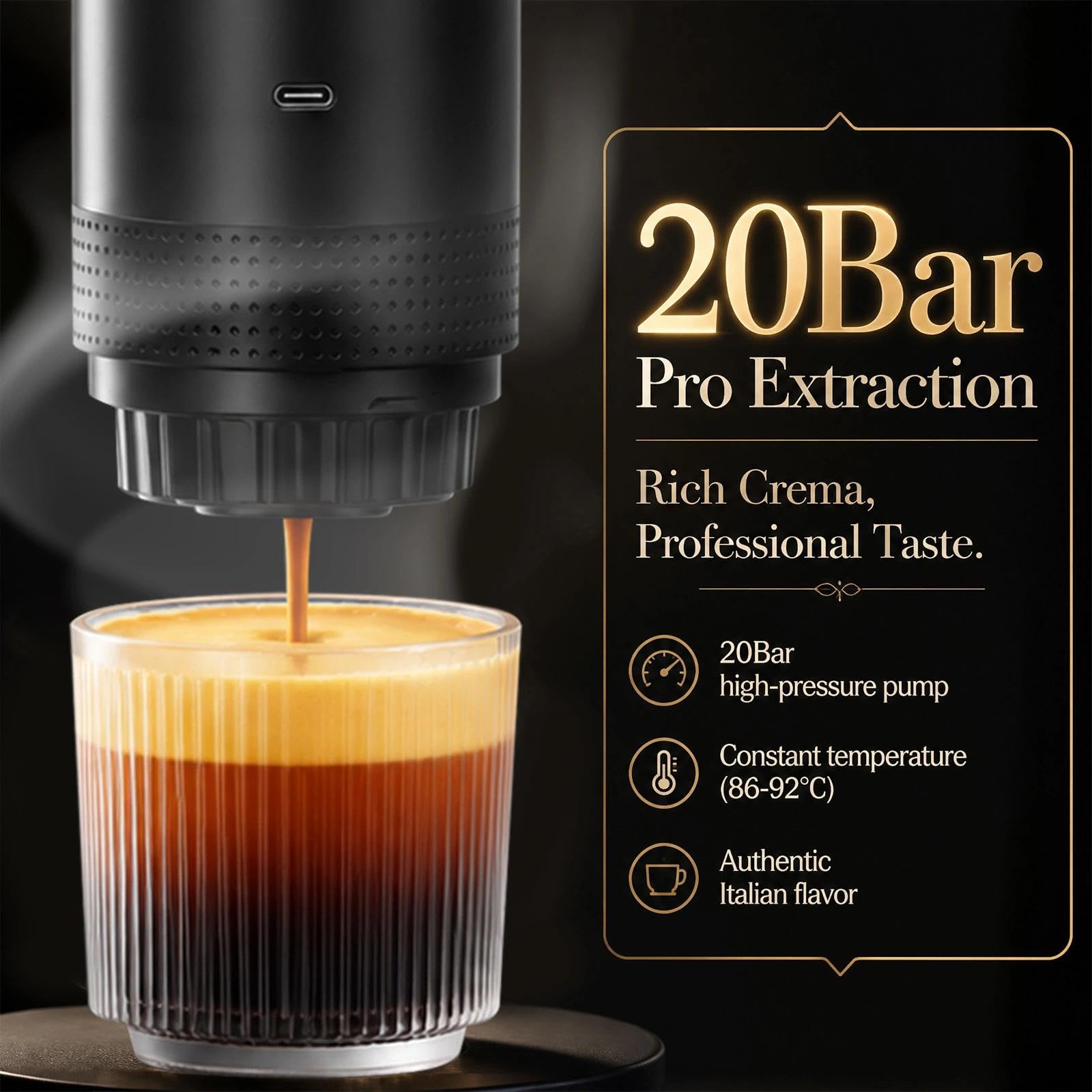 Cafetera Espresso Eléctrica Portátil 3 en 1, Maquina Cafe Capsulas 20 Bar | Cafetera de Viaje para Camping, Cafetera de Coche Autocalentable con USB C para Cápsulas Pequeñas o Grandes y Café Molido