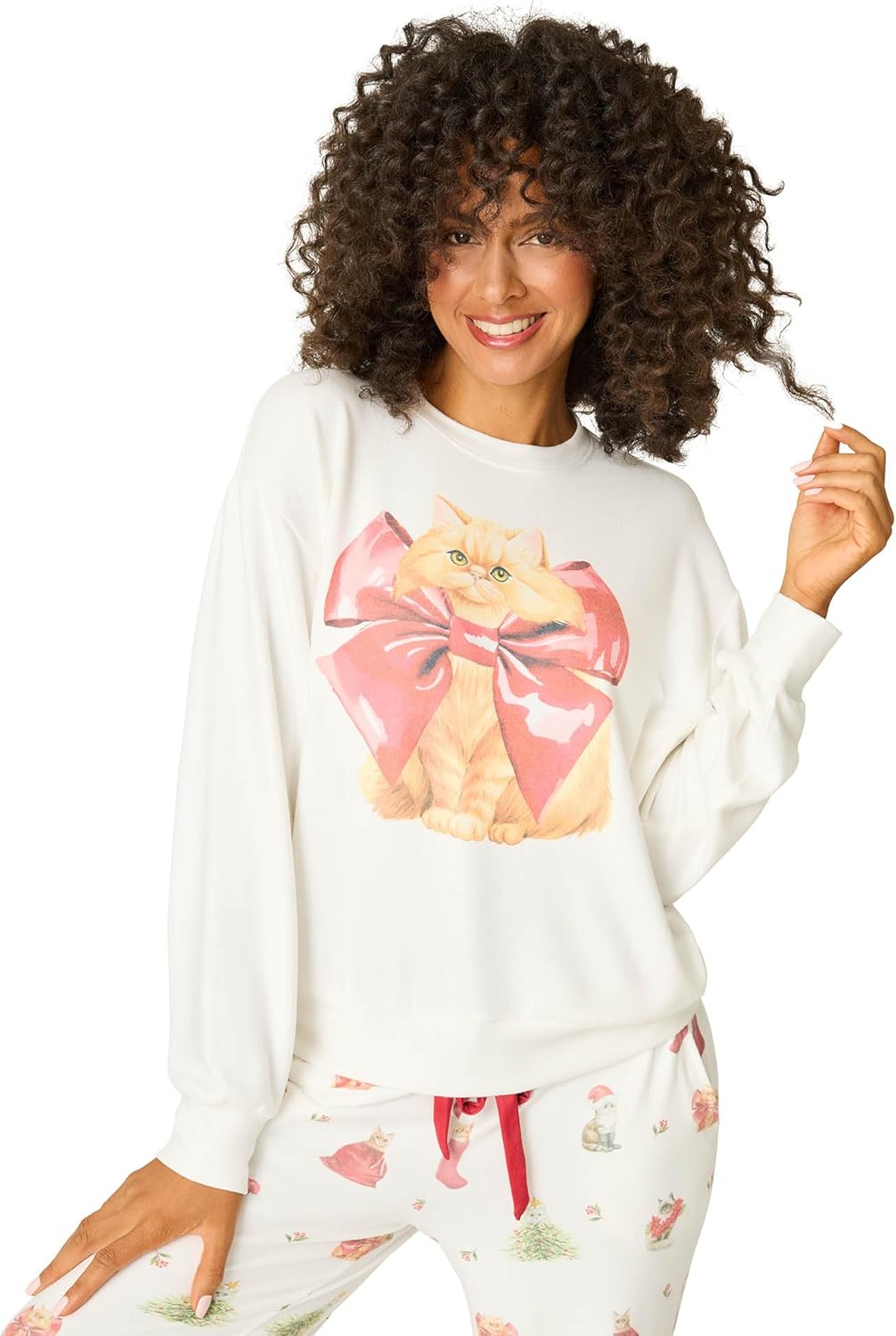 PJ Salvage Women's Feline Festive Peachy Jersey Long Sleeve Pullover Pajama Top