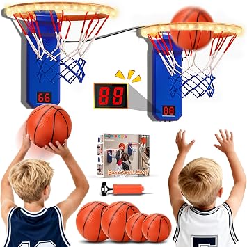 TERRAMUS Indoor Mini Basketball Hoop for Kids, 2 PCS Basketball Hoops with LED Scoring & Sound, Adjustable Height Mini Hoop w/ 4 Balls, Dual Shot Electric Sport Toys Gifts for 3-10 Year Old Boys Girls