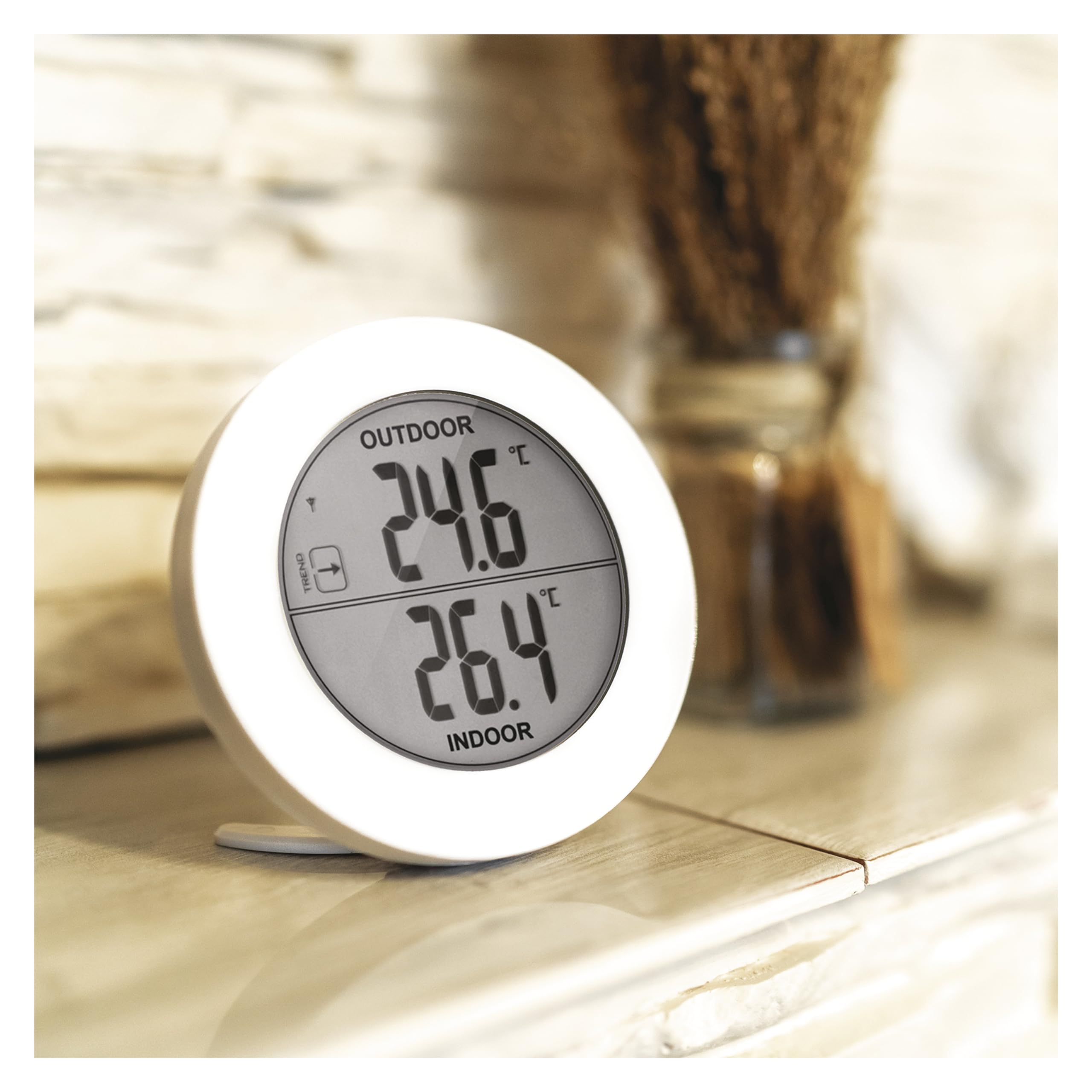 EMOS - Termometro digitale con sensore esterno - Sensore wireless, temperatura interna ed esterna, portata 80 m, funzione memoria - °C/°F - Supporto da tavolo/da parete - bianco