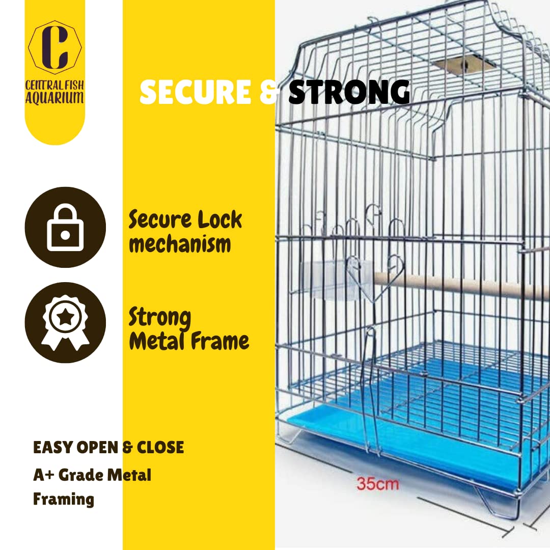 CENTRAL FISH AQUARIUM Metal 13.5" Zinc Bird Cage For Cocktail, Parrot,Cuttlefish Bone Holder,With Cuttlefish Bone, 2Cups,1Perch Stick L:13.5", B:13.5", H:20" - (Colors May Vary) Small 3