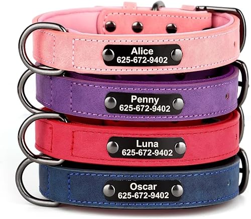 Collar de perro de cuero acolchado suave, collar de perro personalizado con placa de nombre grabada, collares de cuero personalizados de alta