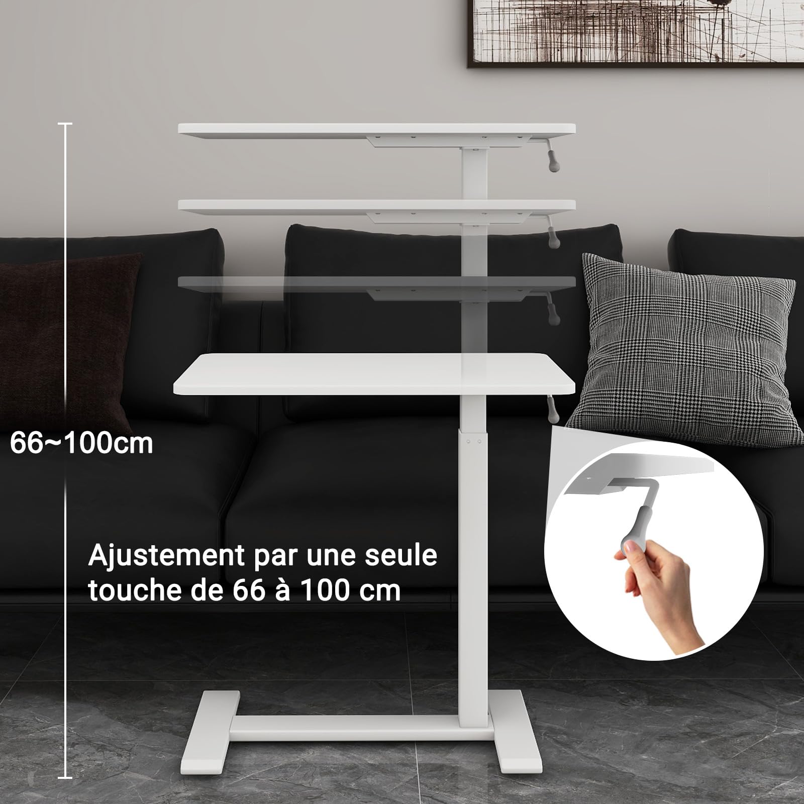 PUNCIA Table de Chevet Médicale Réglable avec roulettes Cachées 68x40 CM | Bureau Debout Mobile Plateau Appoint Portable Table de Lit Amovible Chariot d'Ordinateur Roulant pour Hôpital Maison (Blanc)