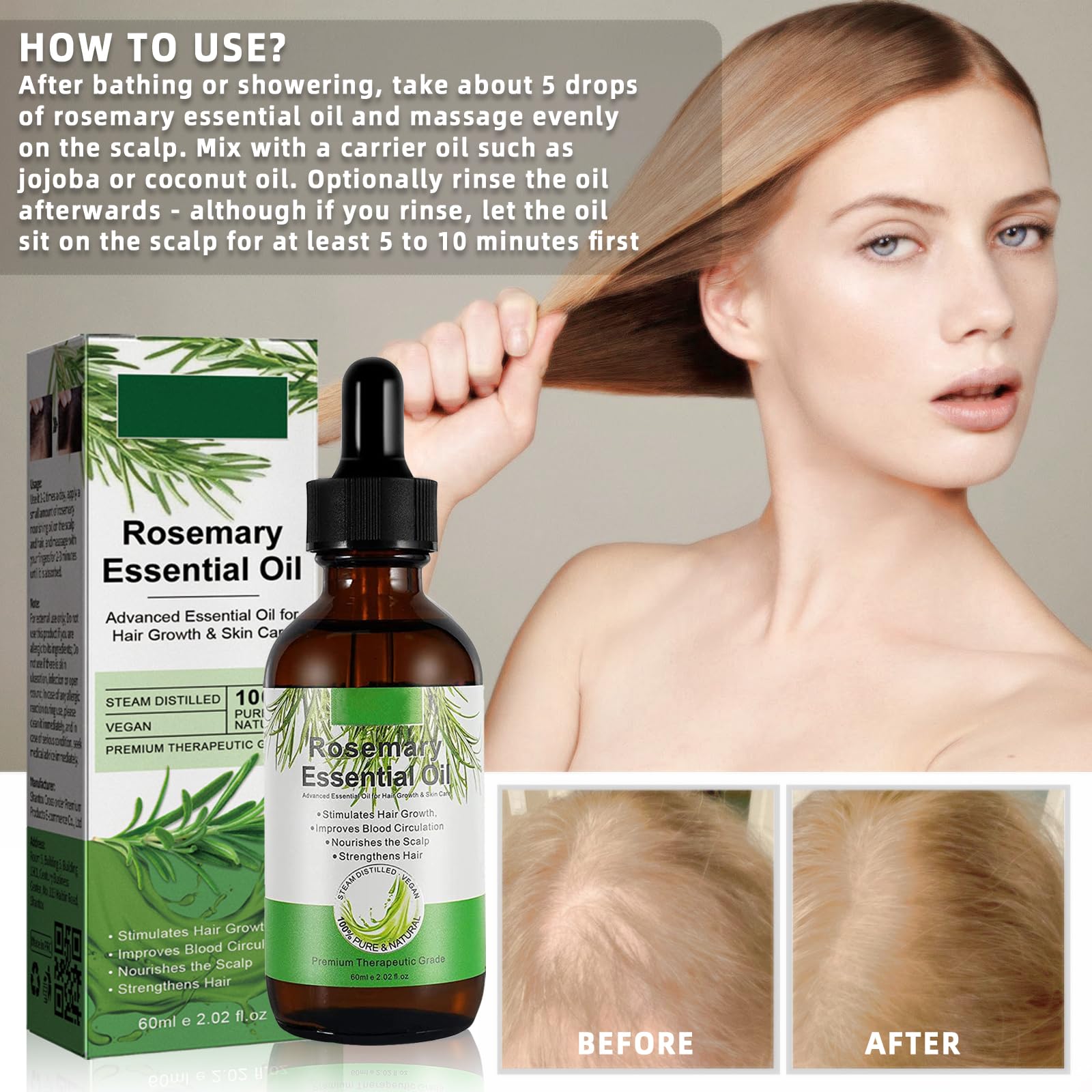 Aceite de Romero Para el Cabello, Aceite de Romero Para Mujeres y Hombres, Orgánic Rosemary Oil de La Piel, Cejas, Pestañas, Nutre el Cuero Cabelludo y Estimula el Crecimiento del Cabello (60ML) — view 3