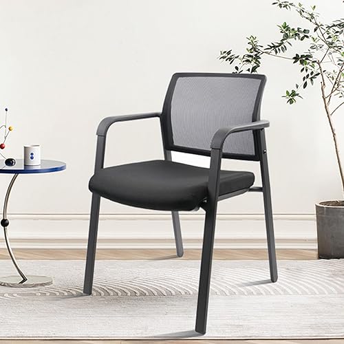 Miniatura 2 de CLATINA Silla de escritorio apilable sin ruedas, silla de sala de espera con respaldo de malla con brazo tapizado de tela y soporte lumbar