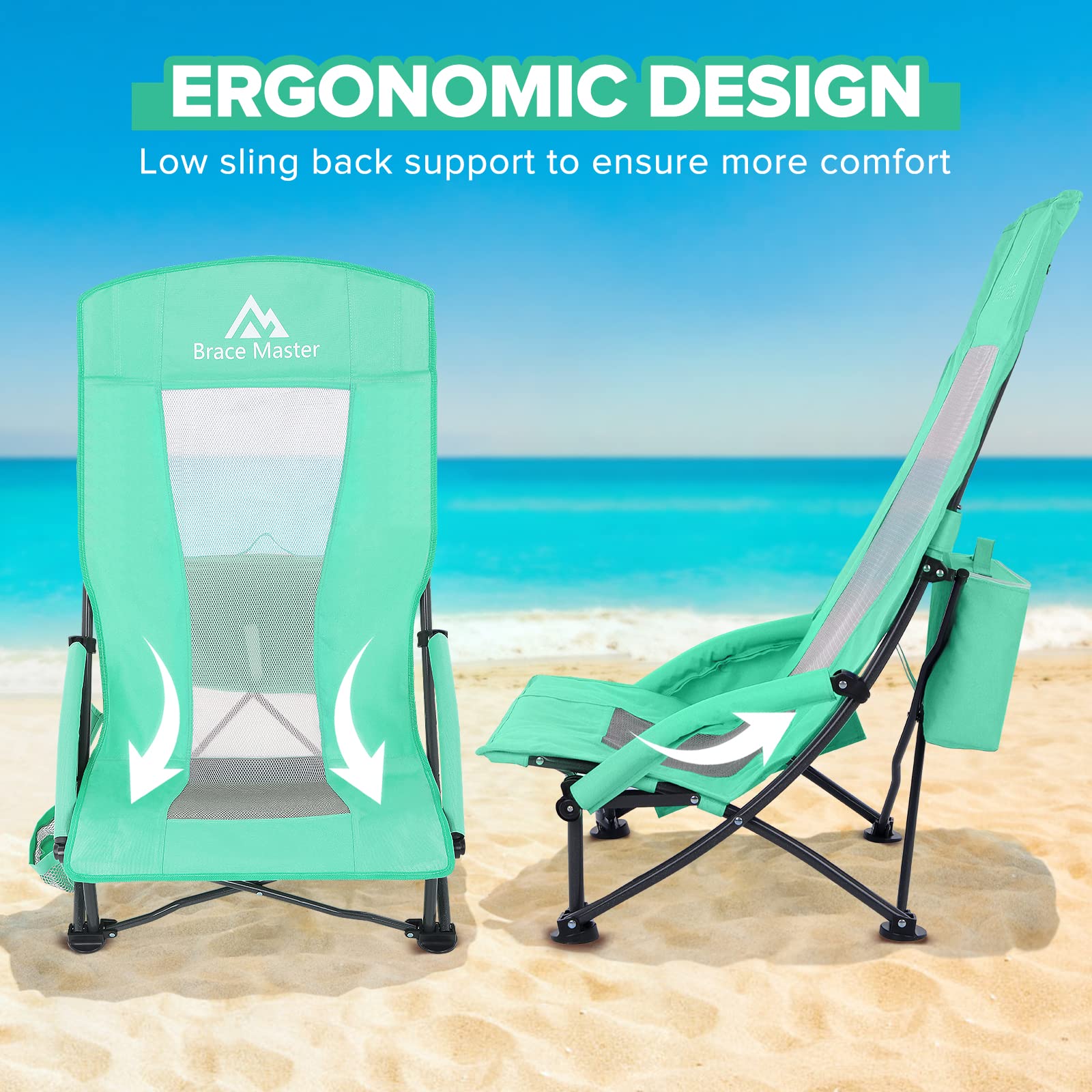 Brace Master Sedia da Spiaggia Campeggio Pieghevole, Schienale Alto Sedia Pieghevole con Portabicchieri, Dispositivo di Raffreddamento E borsa per Telefono per Giardino Campeggio Spiaggina
