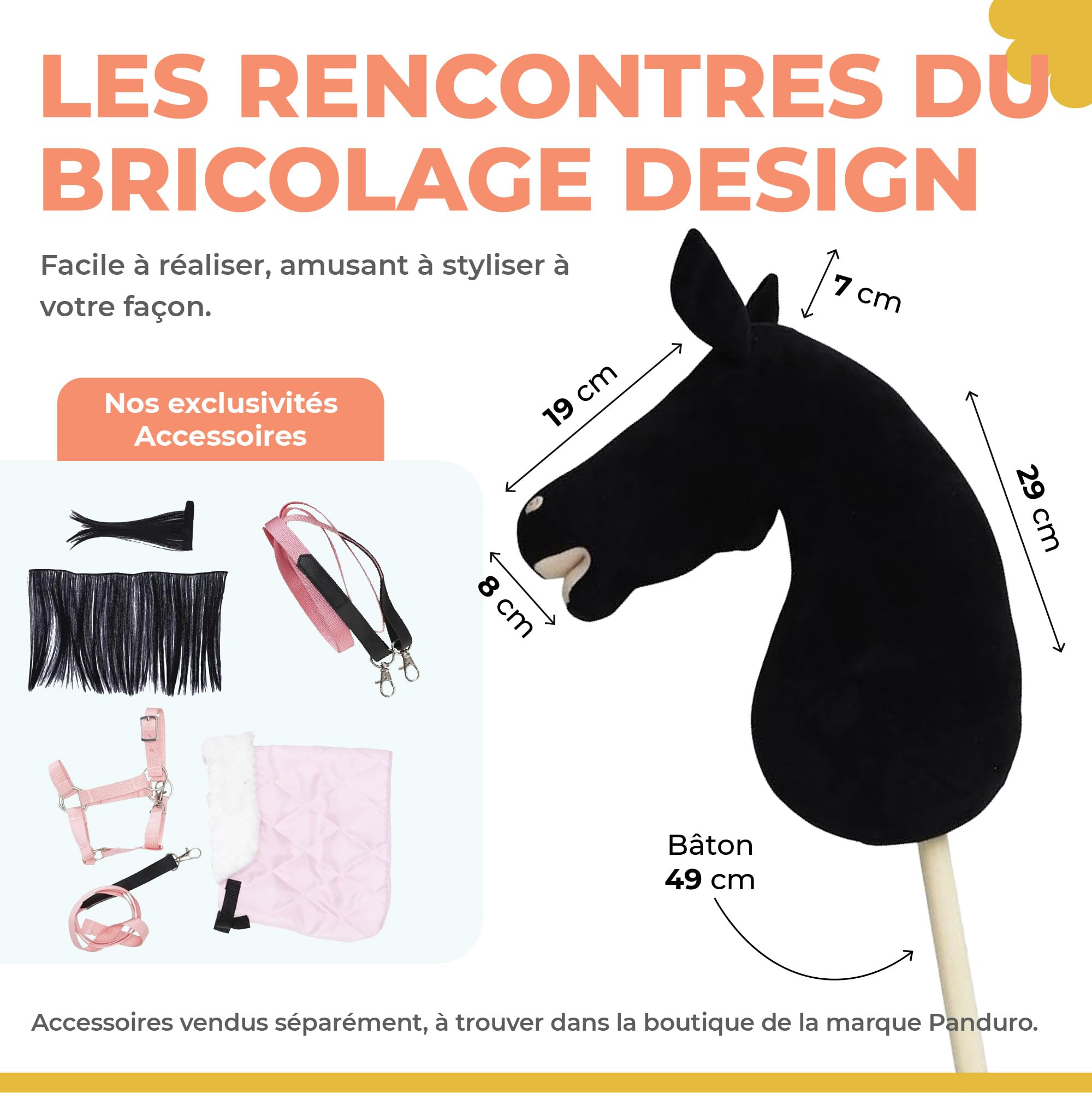 Panduro DIY Hobby Horse | Cheval à Baiser – Cheval Non décoré avec Tige en Bois | Cheval bâton sans roulettes, sans Son | Longueur 85 cm | Friesian