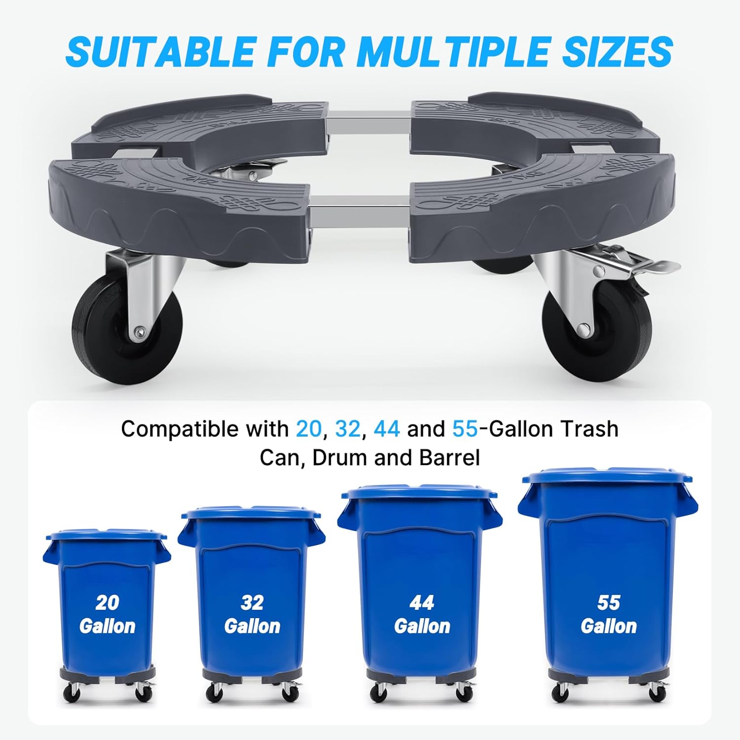 W B D WEIBIDA Upgraded Trash Can Roller Base Adjustable 15-19 Inch Round Dolly with 3” Wheels Heavy Duty 480 lbs Barrel Dollies Multi Functional Drum Cart Large Bucket Dolly