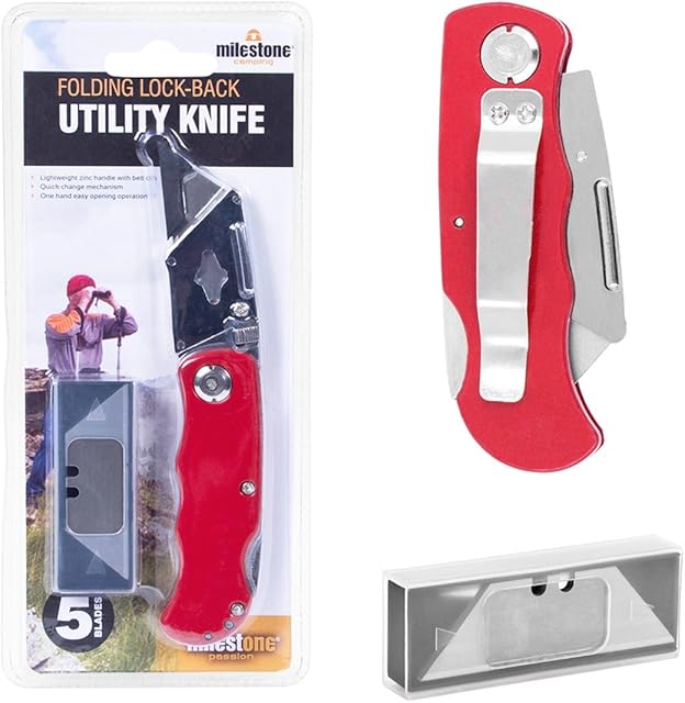 Milestone Camping 15080 Folding Lock-Back Utility Knife Belt Clip 5 Spare Blades , Red