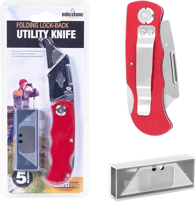 Milestone Camping 15080 Folding LockBack Utility Knife Belt Clip 5 Spare Blades , Red Amazon
