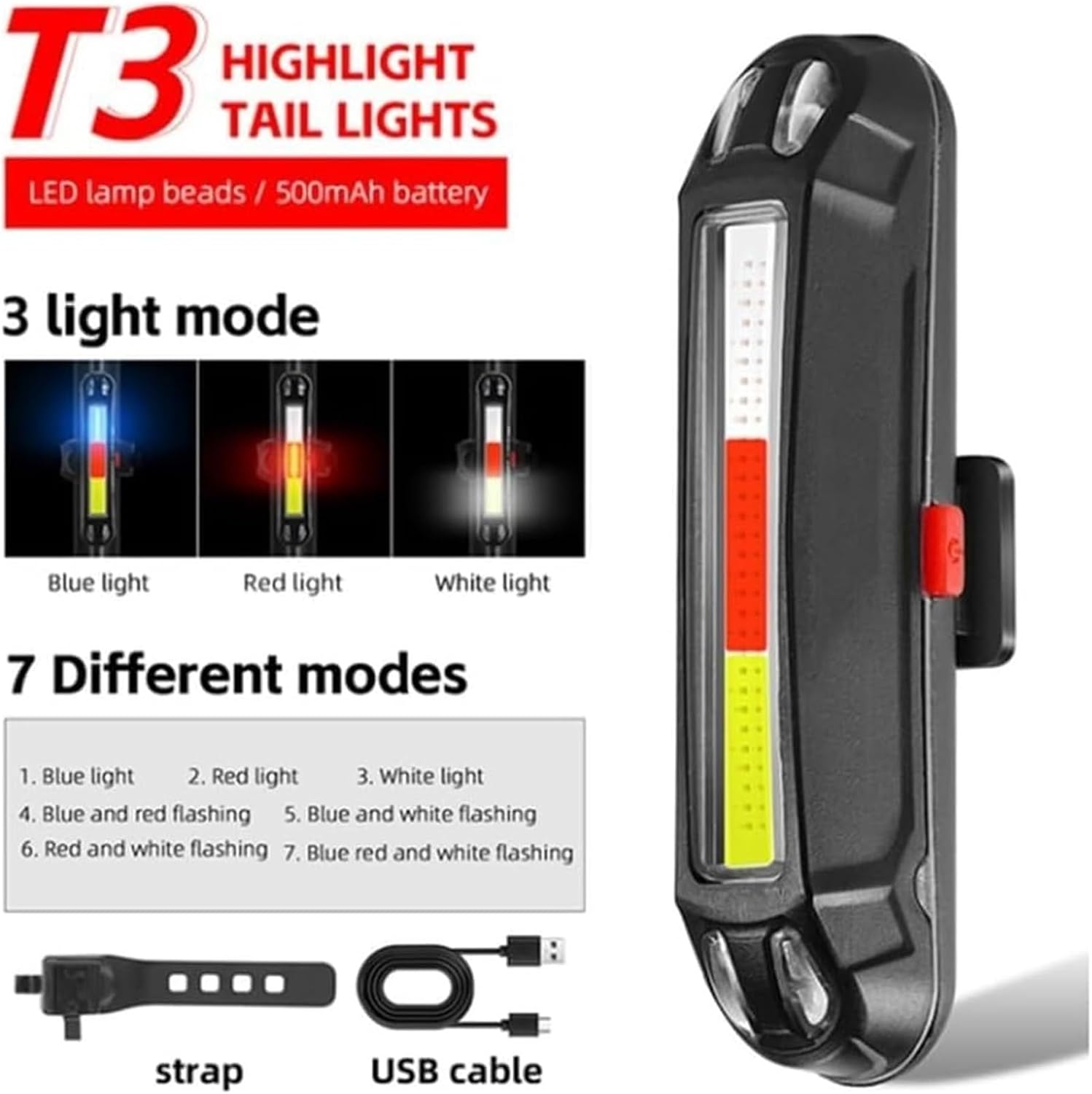 Colorful Bicycle Rear Light Rechargeable Cycling LED Bar High Visibility USB Flash Taillights Bike Accessories
