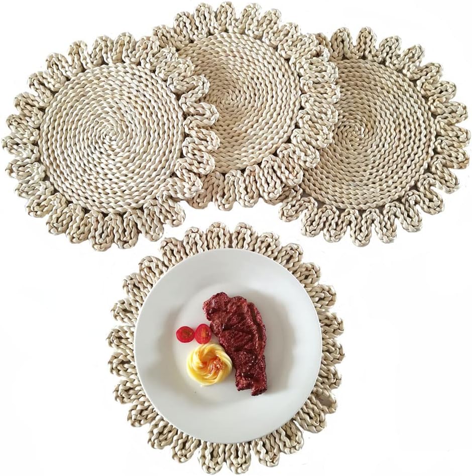 Handmade Boho Woven Placemats Set of 4 Natural Corn Husk