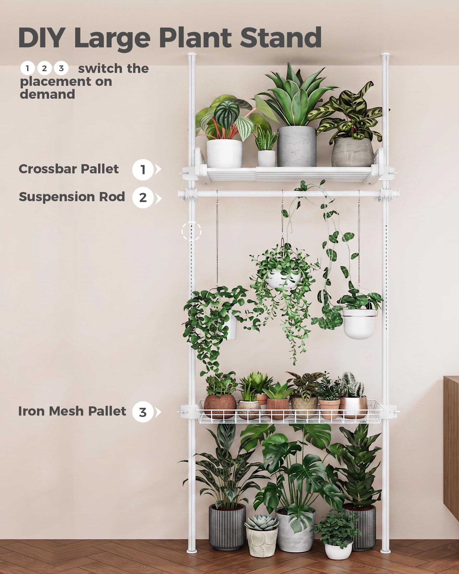 Bamworld Support Plantes Interieur Étagère Plante Télescopique 4 Niveaux Fer Antirouille 110-300 cm Blanc