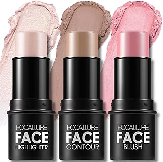 FOCALLURE 3 Pcs Cream Contour Sticks,Shades with Highlighter & Bronzer & Blush,Non-greasy Long-wear Face Contouring Pen,Ea...