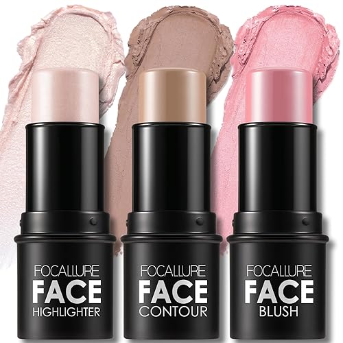 FOCALLURE 3 palitos de contorno crema, tonos con iluminador, bronceador y rubor, bolígrafo de contorno facial no grasoso y resistente al agua, fácil
